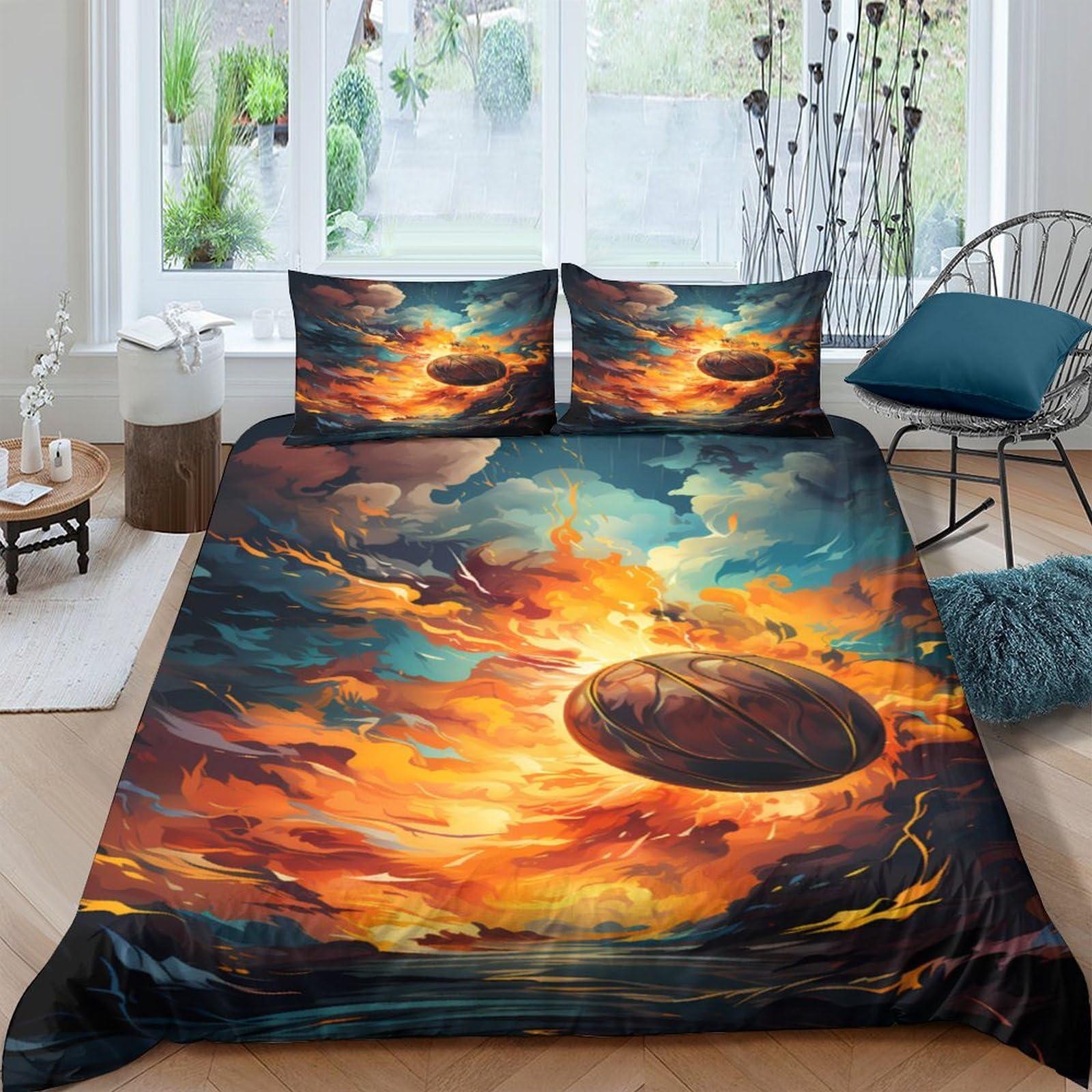Ctjqhvkz Style-2 3D Printed Fiery Planet Fitted Sheet Microfiber Soft Orange Blue Nebula Mattress Cover For Bedroom Dorm Décor Single（135X200cm）