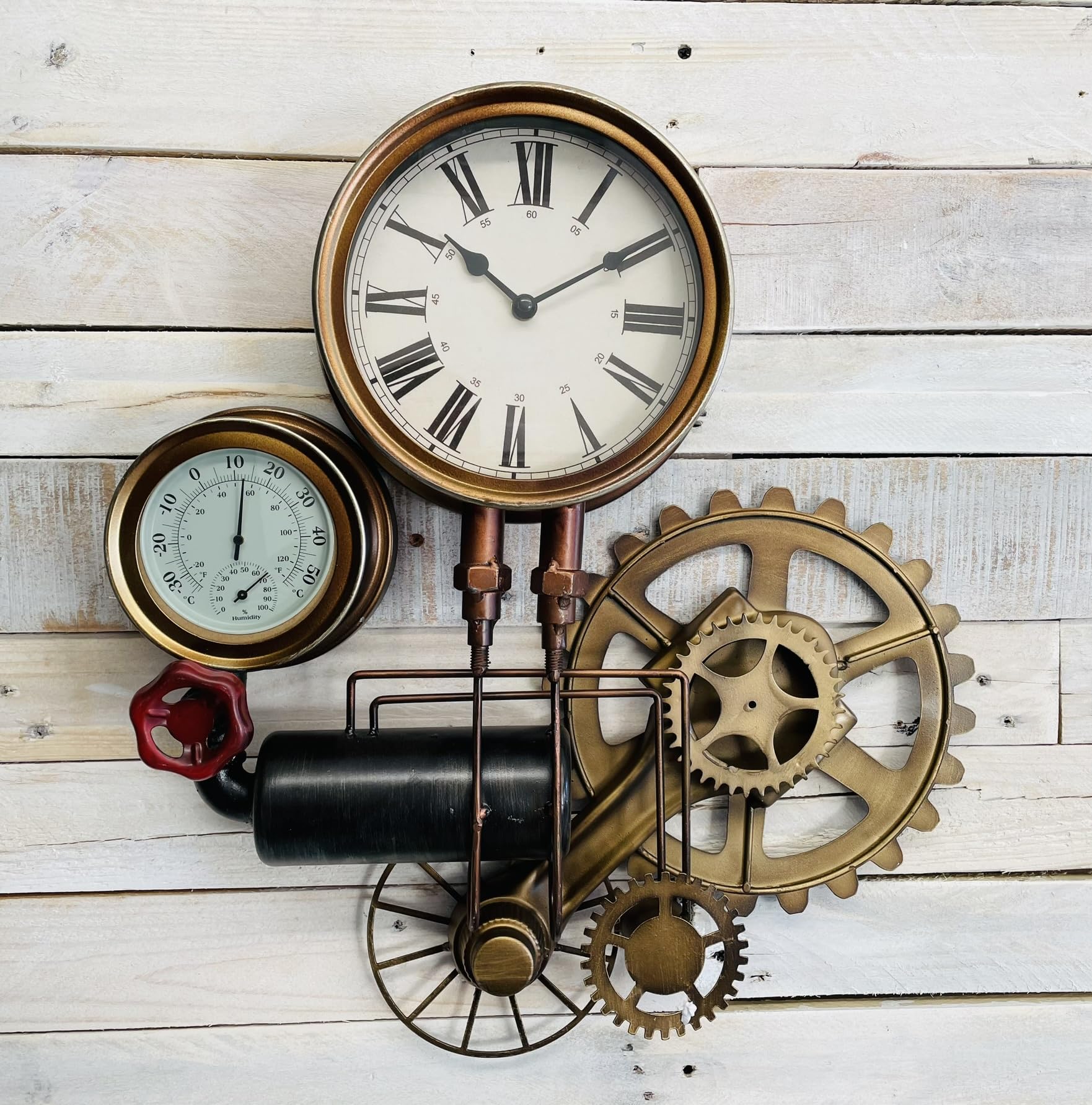 My Square Mile Gold Industrial Steampunk Pipe Metal Gear Wall Clock With Faux Temperature Display (Gear Clock)
