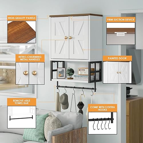 Miniatura 4 de Gabinete de medicina de granja  Organizador de almacenamiento de 3 niveles montado en la pared con estantes ajustables, toallero, 5 ganchos para