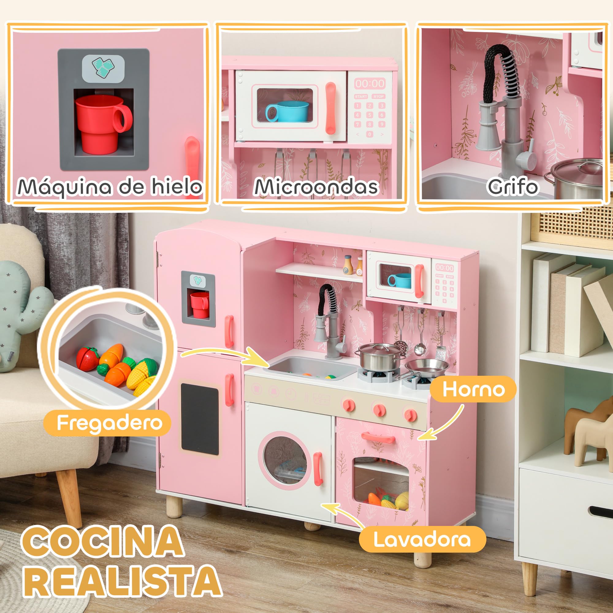 AIYAPLAY Cocina de Juguete para Niños +3 Años Cocina de Madera Infantil Cocinita Infantil con Sonido Fogón Horno Grifo Fregadero Microondas Lavadora Máquina de Hielo y Accesorios Rosa