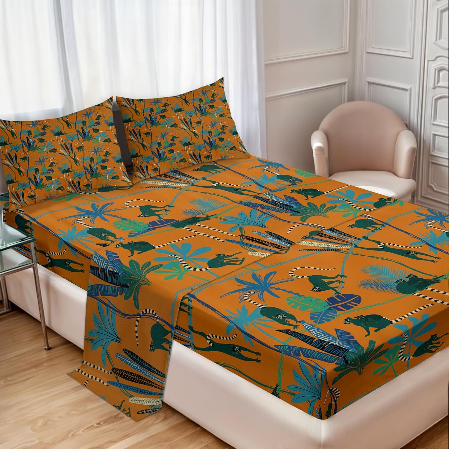 Ambesonne Jungle Sheet Set, Image of Funny Lemurs in The Wild Forest Playing Among Tree Branches, Fitted and Flat Sheet with Pillowcases Bedding Accent 4 Piece Set, Full, Dark Orange and Multicolor