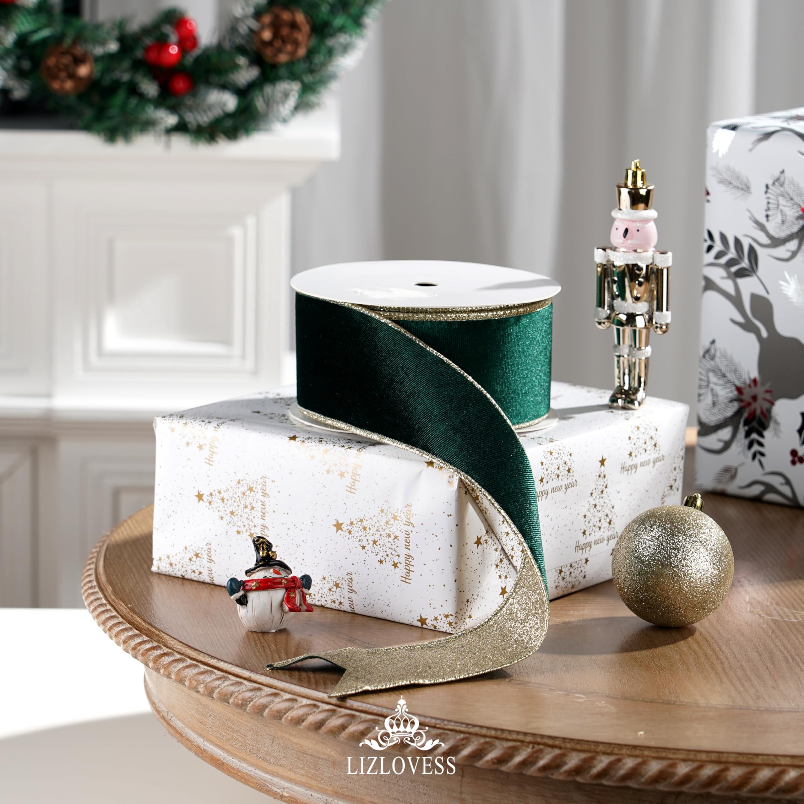 Cinta de terciopelo verde con alambre y parte trasera de purpurina de 2.5 pulgadas, cinta de Navidad verde oscuro y dorado para árbol de Navidad, envoltura de regalos, manualidades,