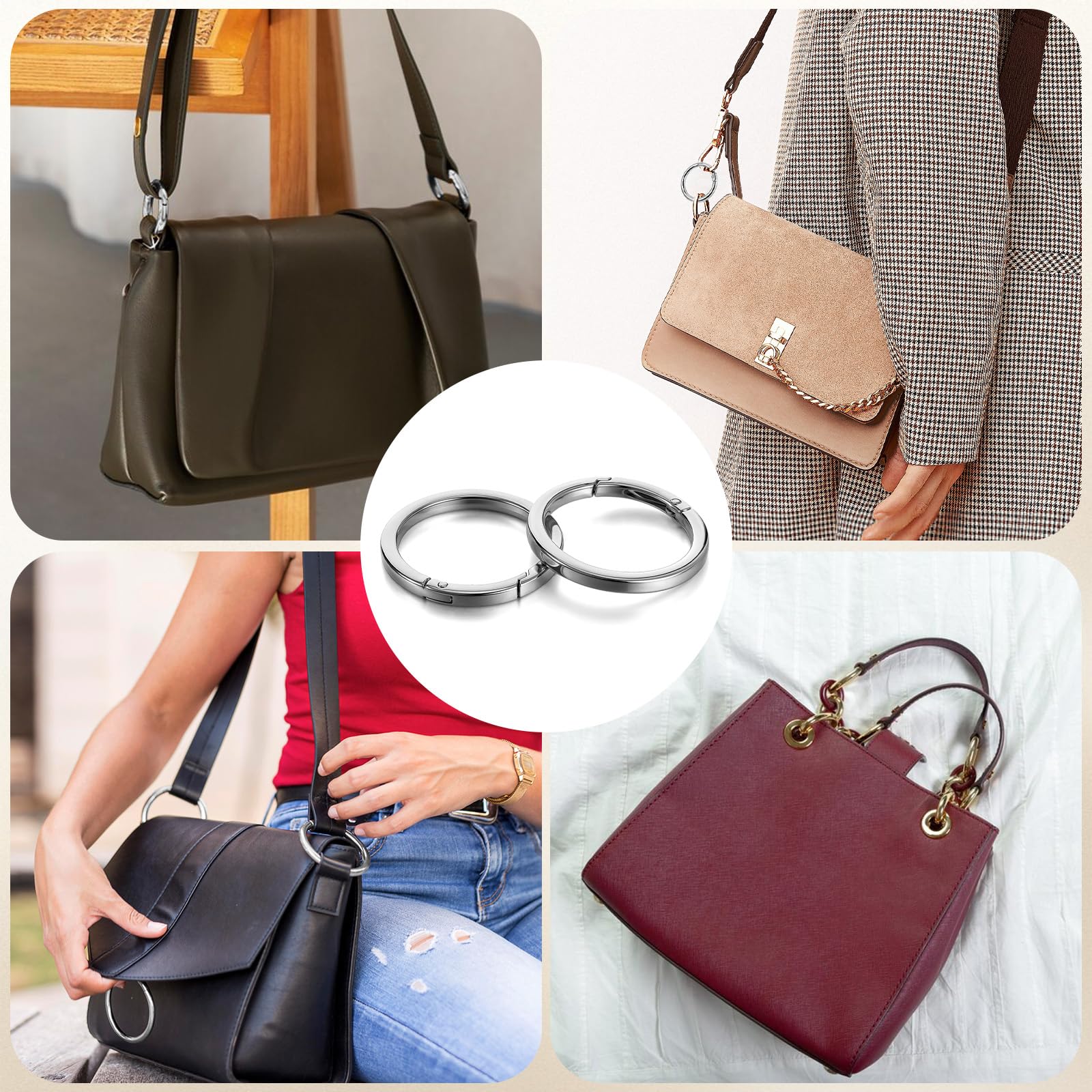 4 llaveros de metal de 5 cm, anillos grandes de plata con mosquetón, clip de mosquetón plano para correa de bolso, bolso, accesorios
