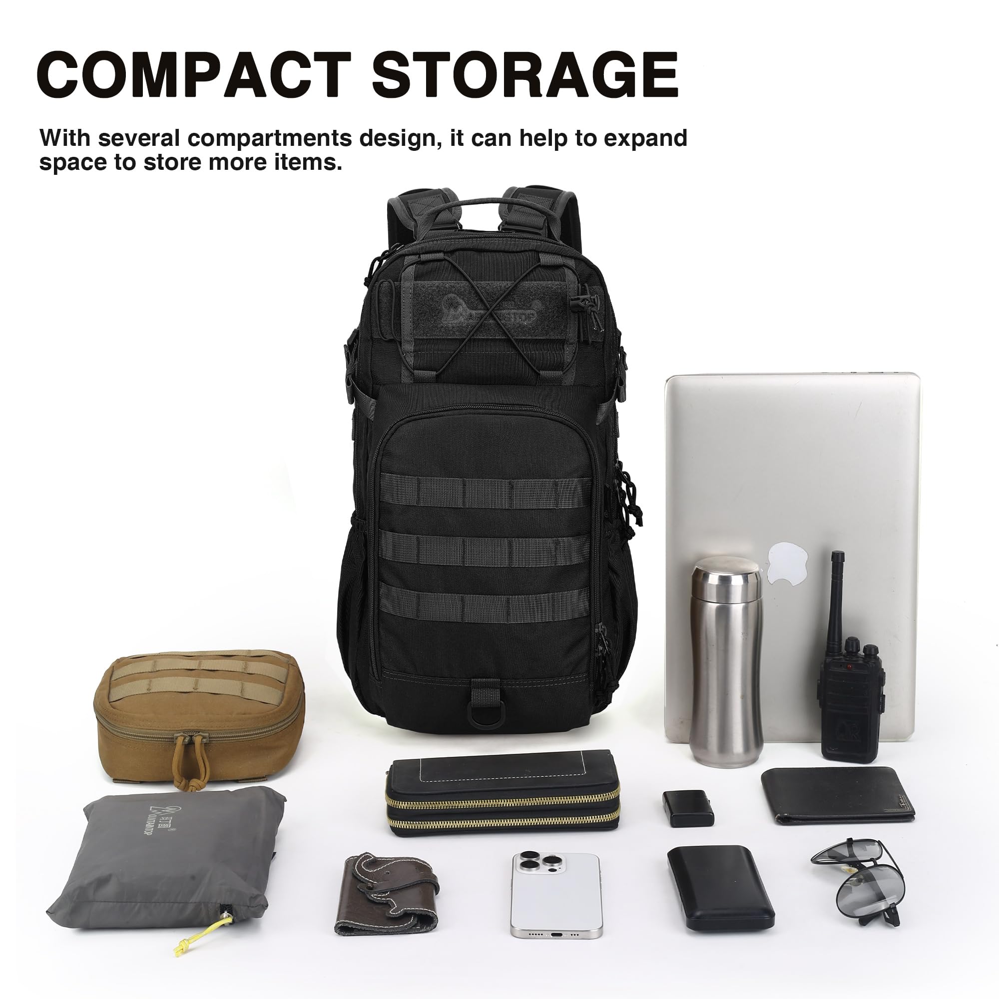 Mardingtop Zaino tattico da uomo da 25 l, piccolo con spallacci rimovibili, con sistema MOLLE, sistema di trasporto 3 in 1, per campeggio, lavoro, escursionismo