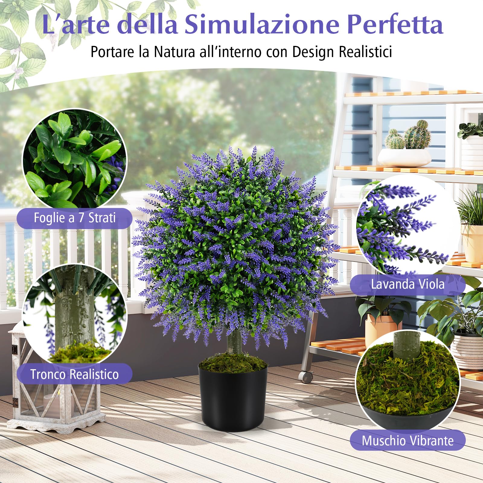 COSTWAY Set di 2 Alberi di Topiario Artificiale con Lavanda, Albero di Bosso Finto da 58 cm con Vaso Riempito di Cemento, Pianta Finta Resistente al Sole per Interni ed Esterni