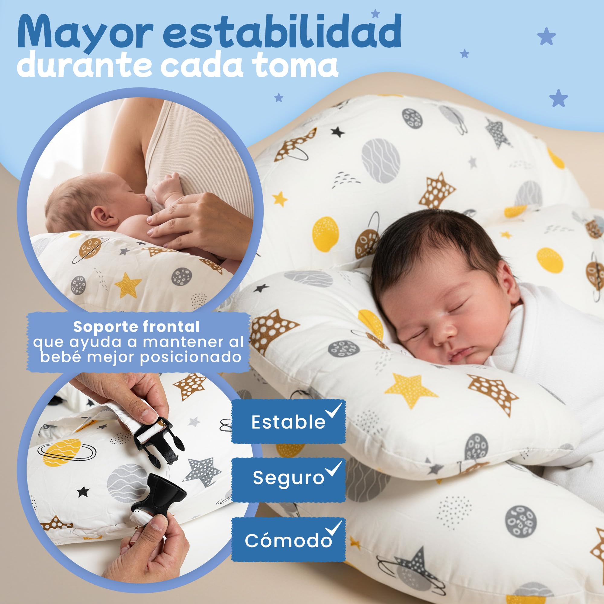 Cojín de Lactancia Ergonómico con Cinturón Ajustable para Cintura y Cuello | Soporte Anticaída para Bebé | Funda Desenfundable y Lavable | Almohada de Lactancia para Dar el Pecho y Biberón