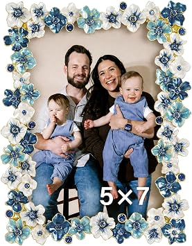 5x7 Blue Flower Picture Frame with Rhinestones