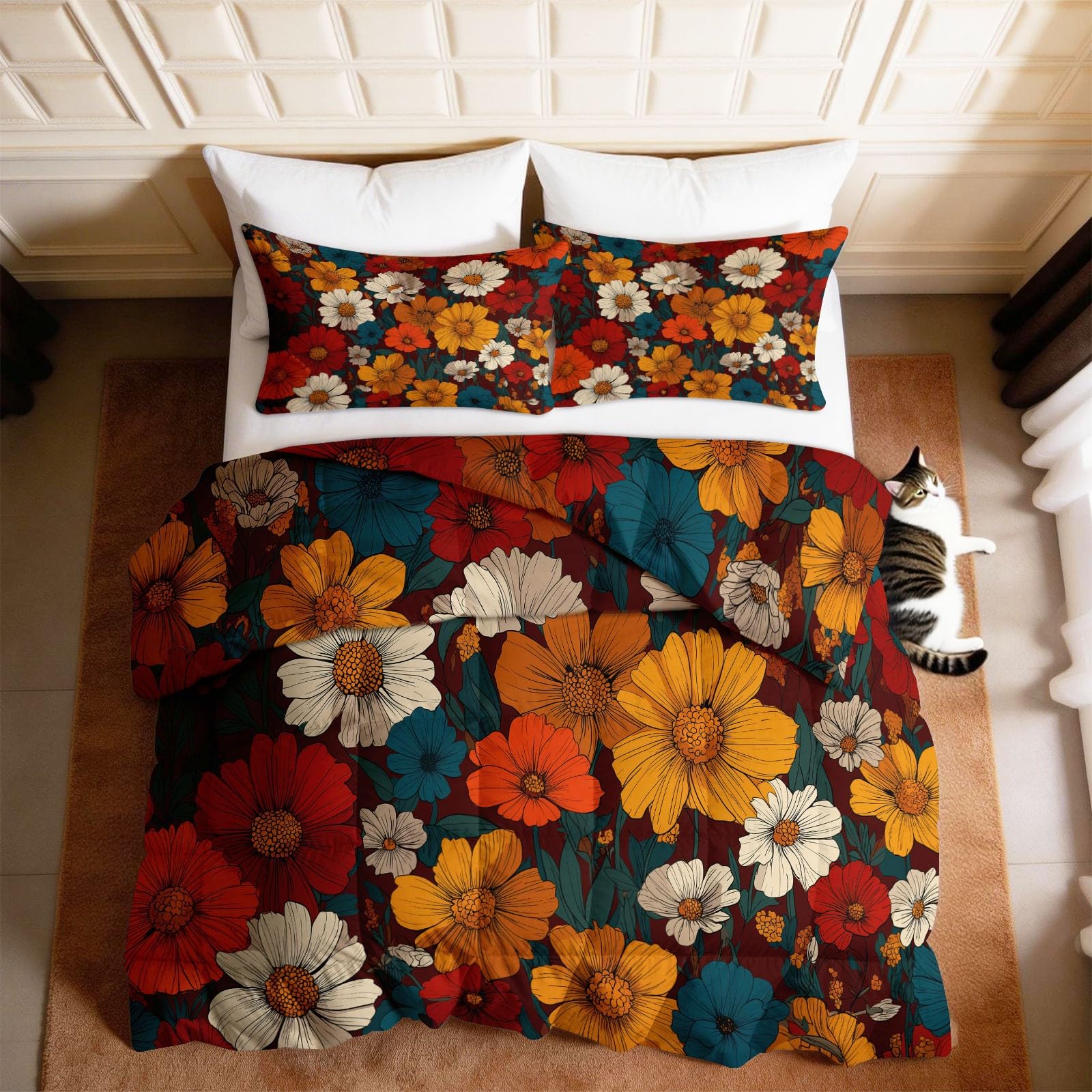 Generisch Trapunta floreale con margherite e petali, senza rivestimento, 135 x 200 cm, acquerello, 4 stagioni, reversibile, delicata sulla pelle, lavabile per tutto l'anno, con 2 federe da 80 x 80 cm