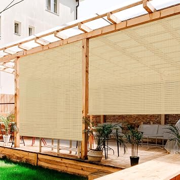Outdoor Roller Shades Window Blinds for Porch Screen Deck Pergola Patio Balcony Gazebo Privacy Sunshade Roll Up Outdoor 6W x 5.5H Beige Hollow Out