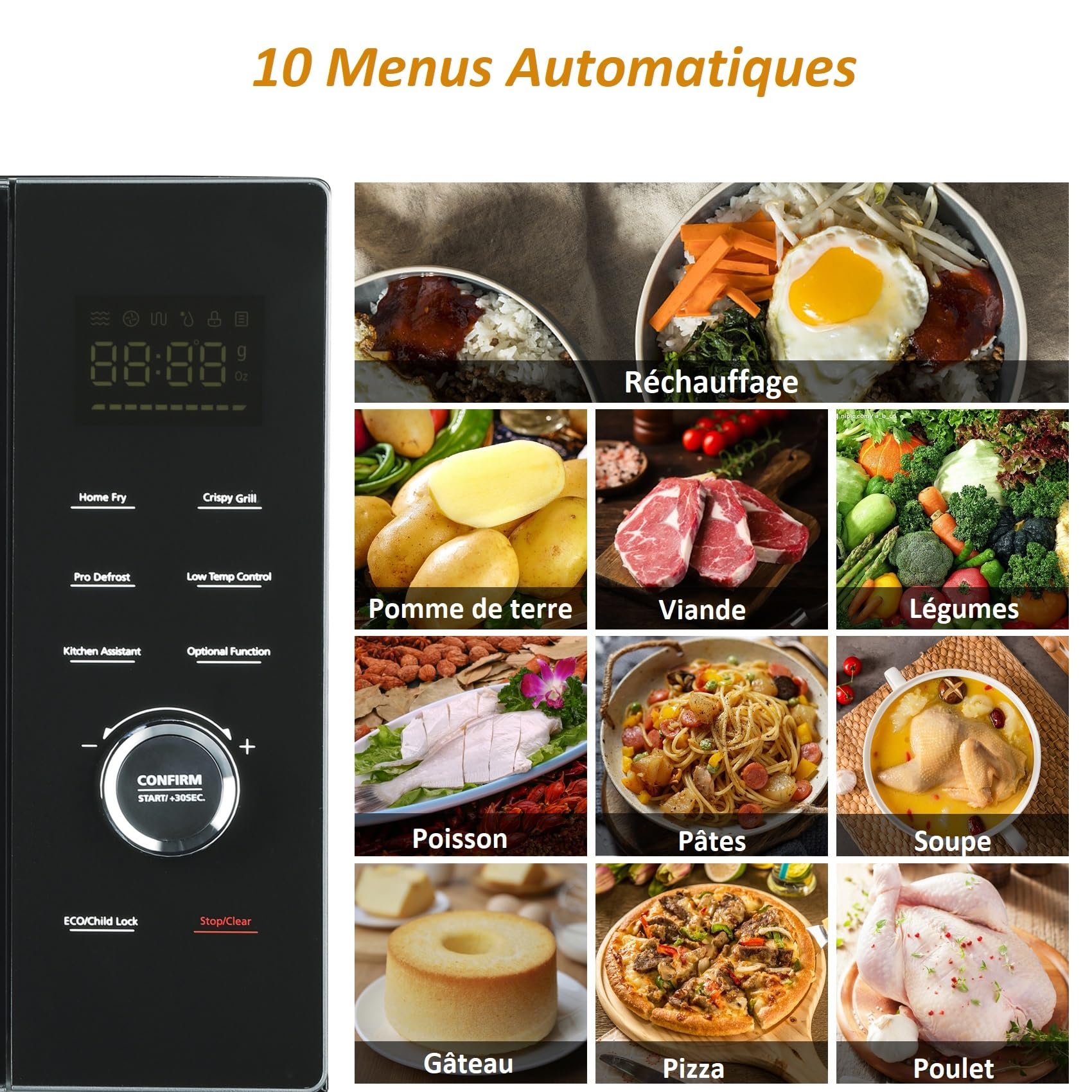 Four Micro-ondes Combiné, 34L, Micro-ondes Multifonctions 4 en 1, Micro-ondes1000W/Grill/Convection/à Air Chaud, 10 Menus Automatiques, Mode ECO, Plateau Tournant 315mm, Noir