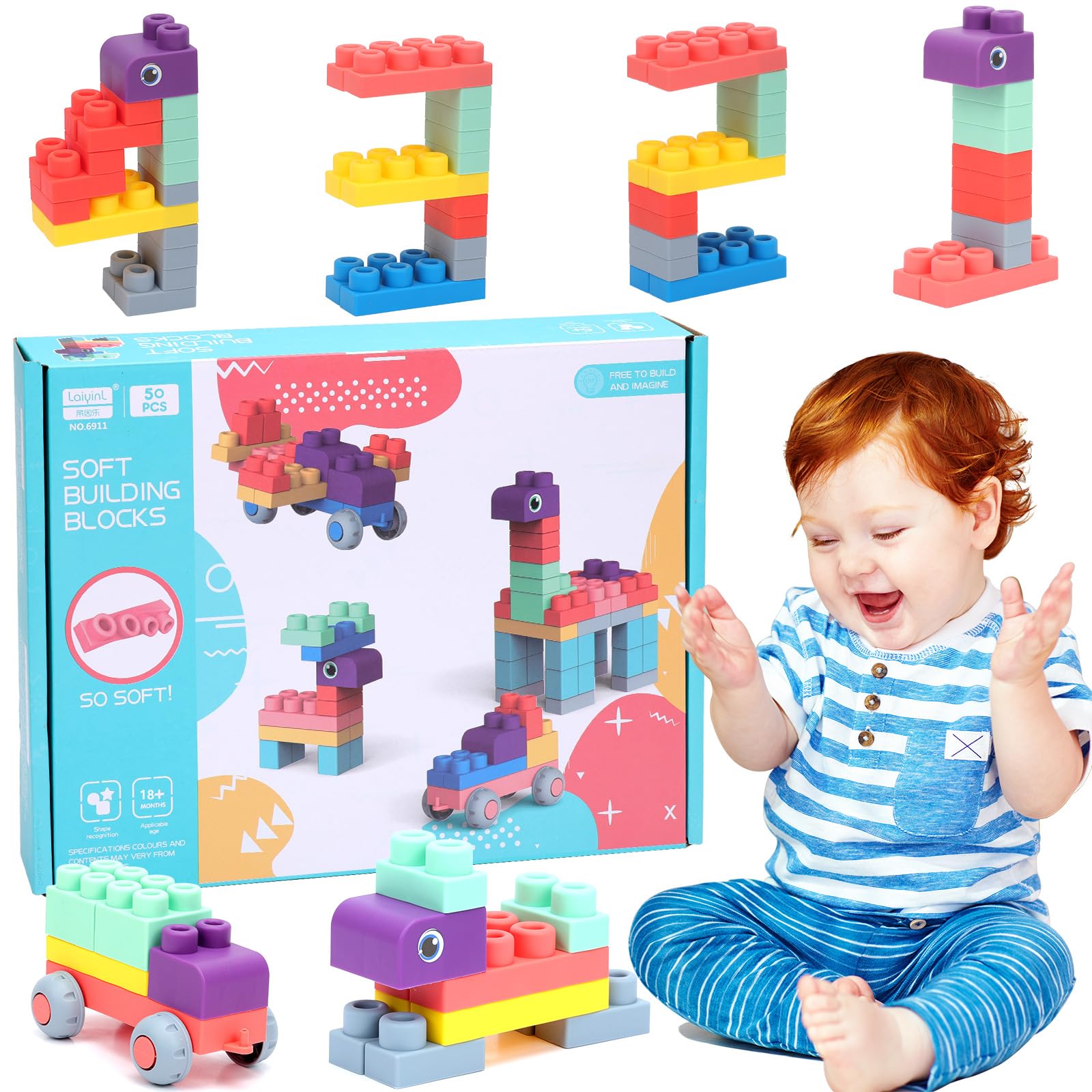 COUOMOXA Soft Building Block for Toddler: Large Educational Toys for 6-12 Months and 1-3 Year Old - STEM Soft Rubber Blocks for Preschool Playroom - for Boys and Girls