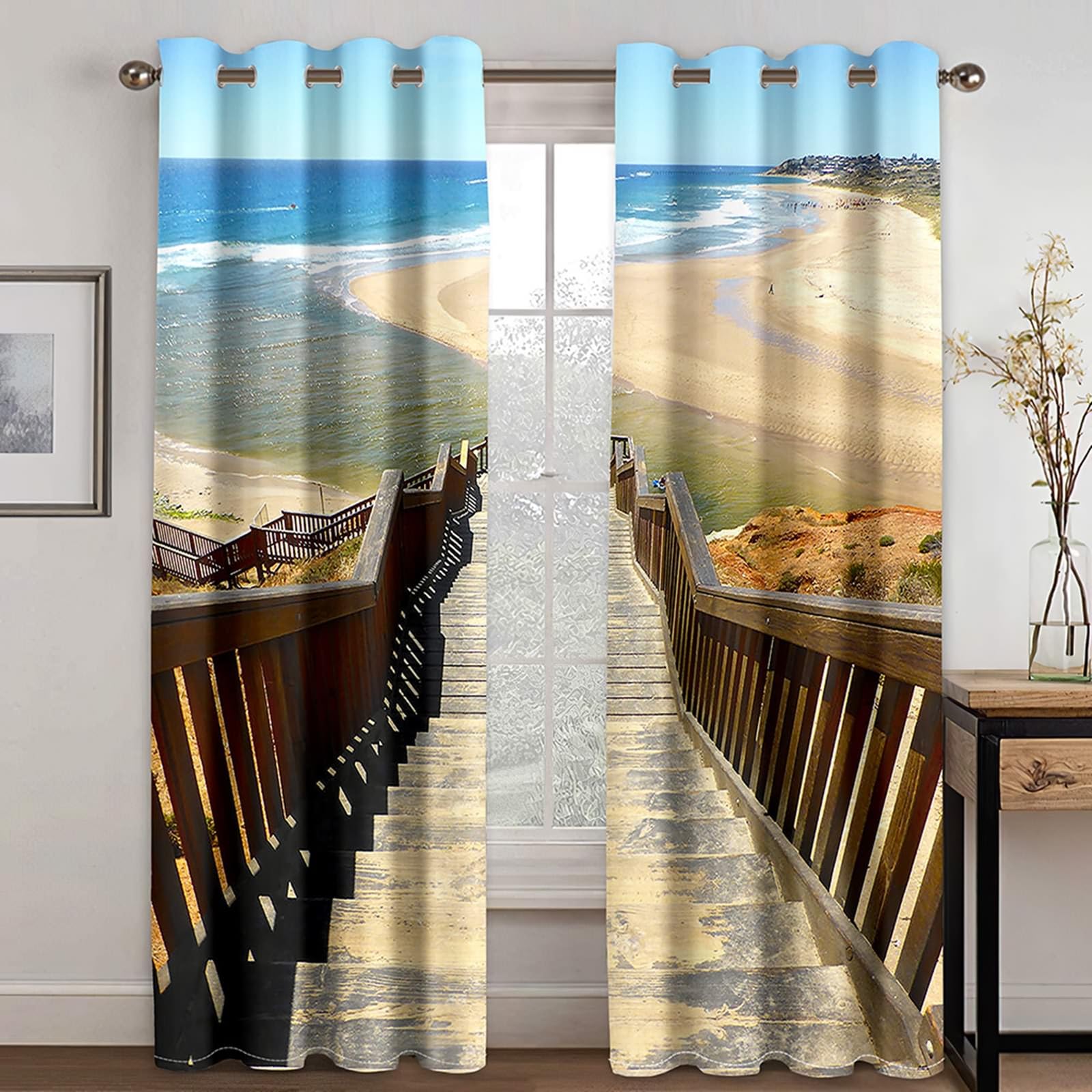Gardinen mit Ösen, 86x138cm Braun Beige Blau Holztreppe am Meer und Strandlandschaft Sommer Vorhang Blickdicht mit Ösen Thermovorhang Kälteschutz Vorhänge Wohnzimmer Schlafzimmer Wärmeisolierend