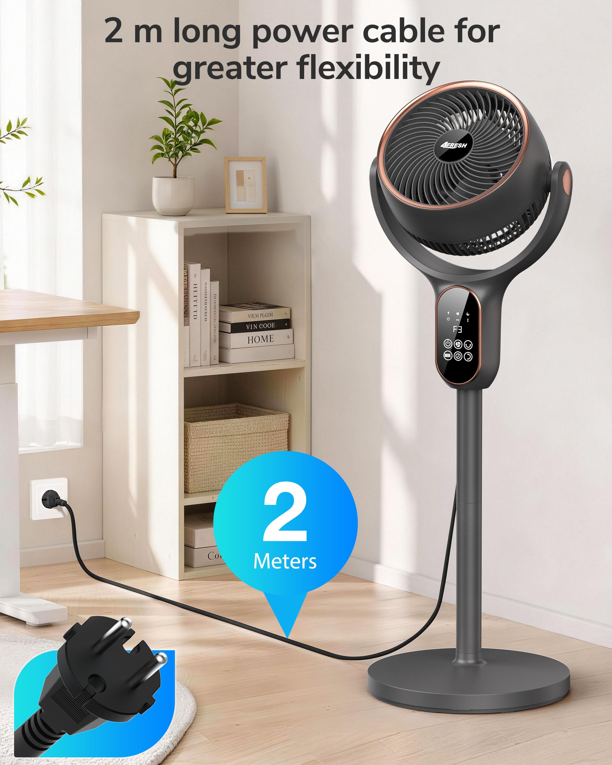 Ventilatore circolatore d'aria a piantana, oscillante 70° orizzontale e 90° verticale, max 6,6 m/s, 6 livelli di vento, 3 modalità, timer 12h, telecomando con batteria a bottone, cavo di