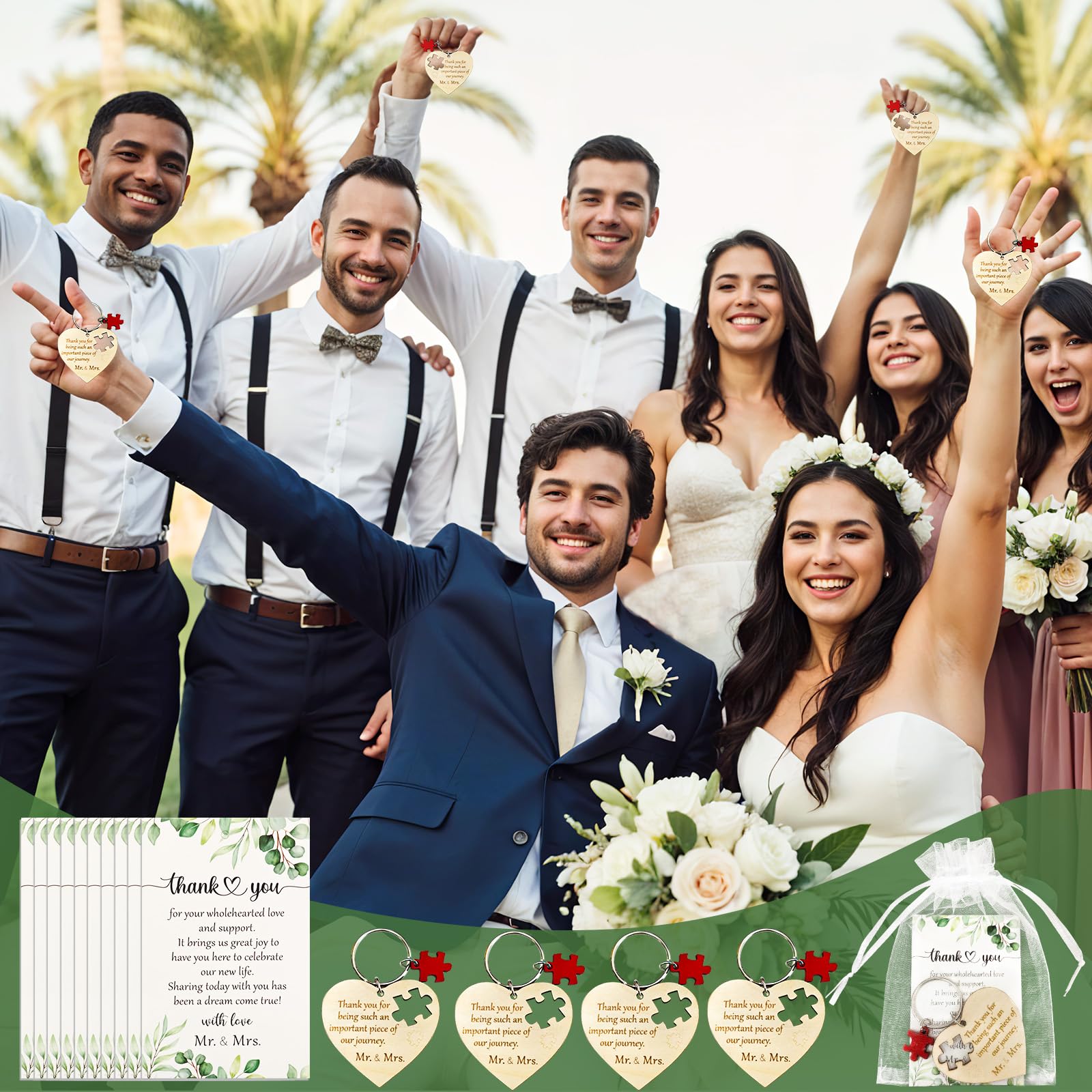 OurWarm Hochzeitsgeschenke für Gäste, 100 Stück, Holz-Herz-Puzzle-Schlüsselanhänger, Hochzeits-Souvenirs, Geschenke mit Dankeskarten und Organza-Beuteln, Brautparty, Gastgeschenke für Gäste