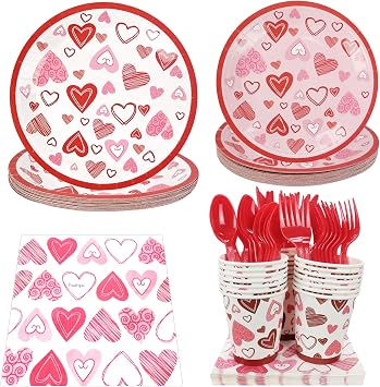 Valentine Party Supplies Pack Serving 24 Guests, Including Dinner Plates, Luncheon Napkins Knife Fork Spoon and Cups Tableware Set Kit for Valentines Day Wedding Anniversary Party Decorations Favors