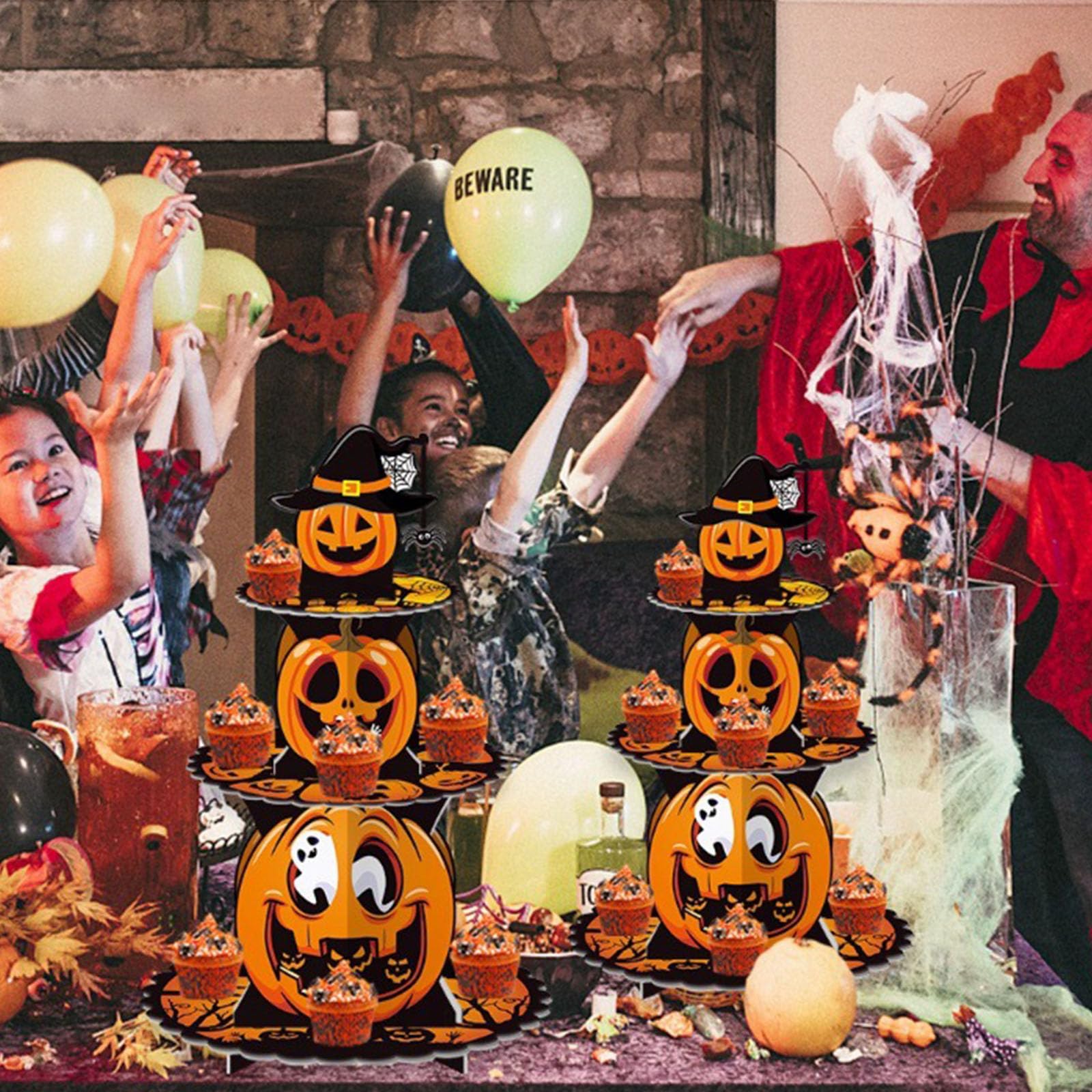 Support à Cupcakes Halloween 3 Étagères - 45cm Avec 12 Toppers Citrouille - Présentoir Fête