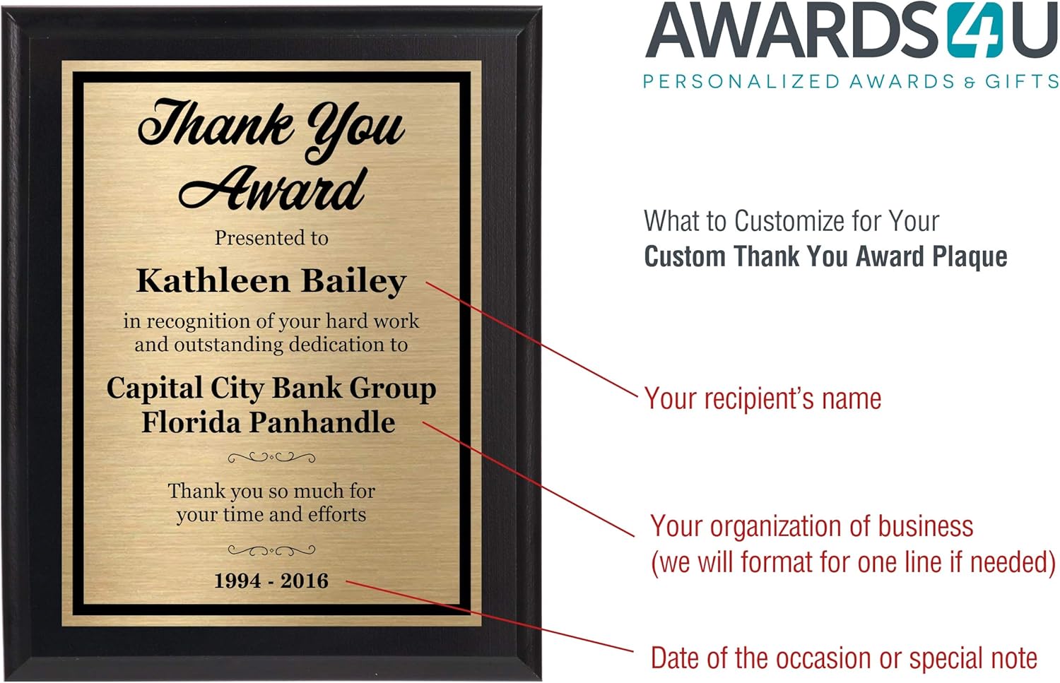 Thank You Award 8x10 Personalized Plaque - Customize Now! : Office Products