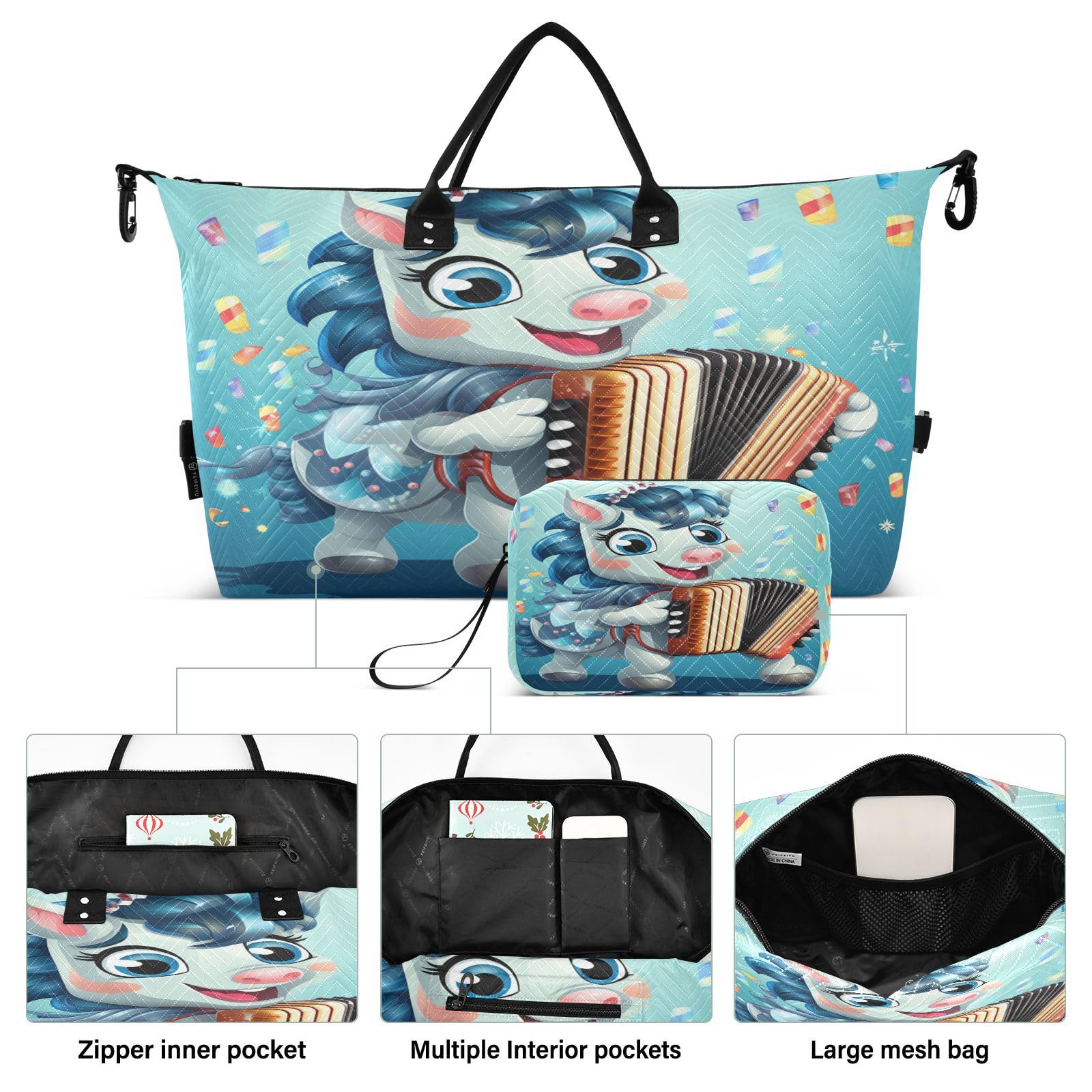 Blue Cute Unicorn Cartoon Sports Swim Gym Bag Weekender Duffel Travel Bags Handbag with Makeup Storage Bag for Girls Men