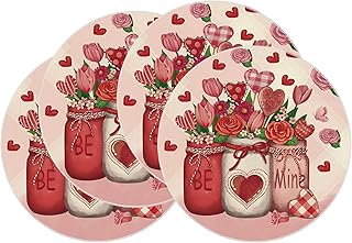 XCHI Roses Flowers Love Hearts Vase Valentine’s Day Round Placemats Set of 4 Table Mats for Party Home Kitchen Dining Table Decorations 14x14 Inch