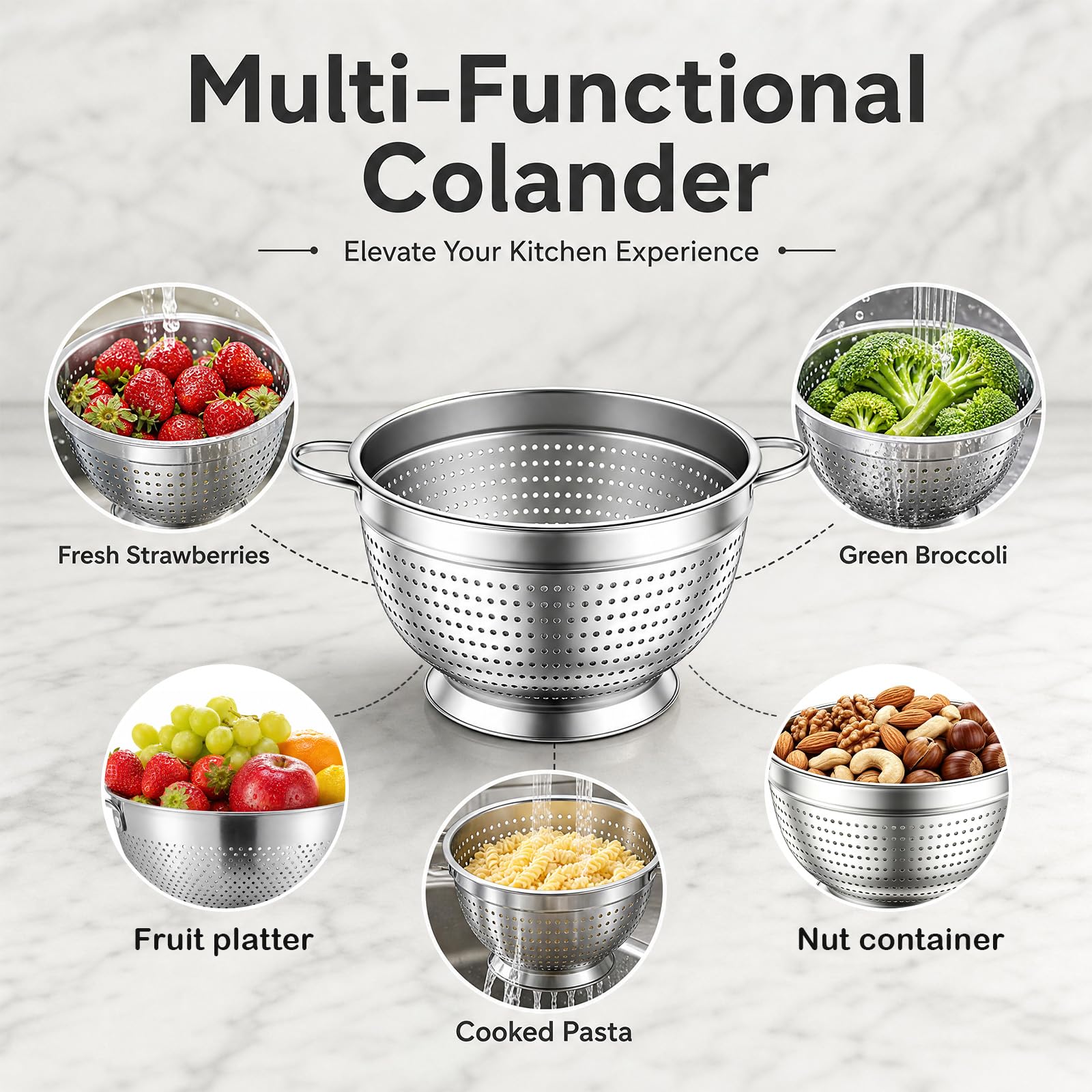 Colador, colador, colador, juego de 3 unidades con mango y base redonda, apilable, apto para lavavajillas, práctico colador de alimentos para pasta, frutas, arroz y verduras frescas (18+20+24+26)