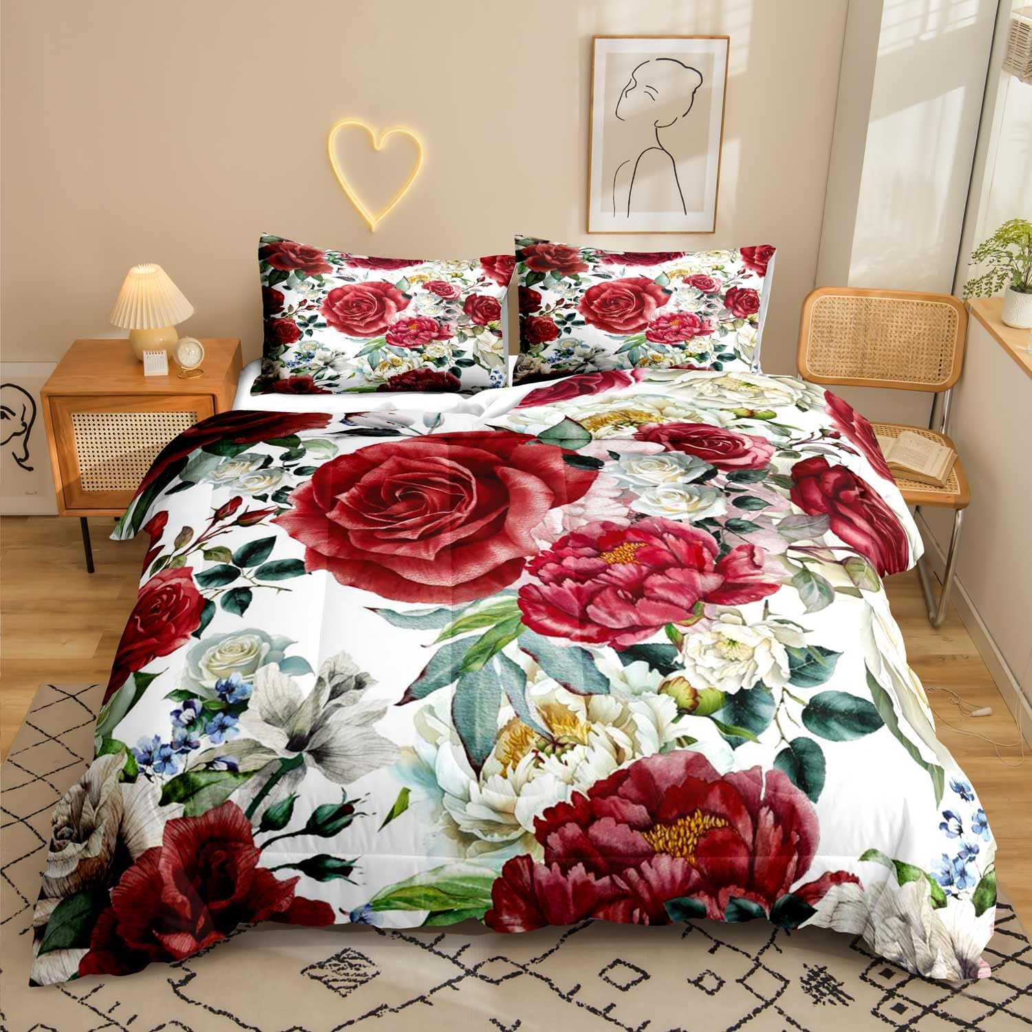 LUVIVIHOME 3PCS Teal Rose Comforter Set Queen, Grey Raindrops Butterfly Turquoise Floral Bedding, Flower Bedroom Decor for Women Wife Girlfriend, Valentine's Day Romantic Gifts for Her, 2 Pillow Shams
