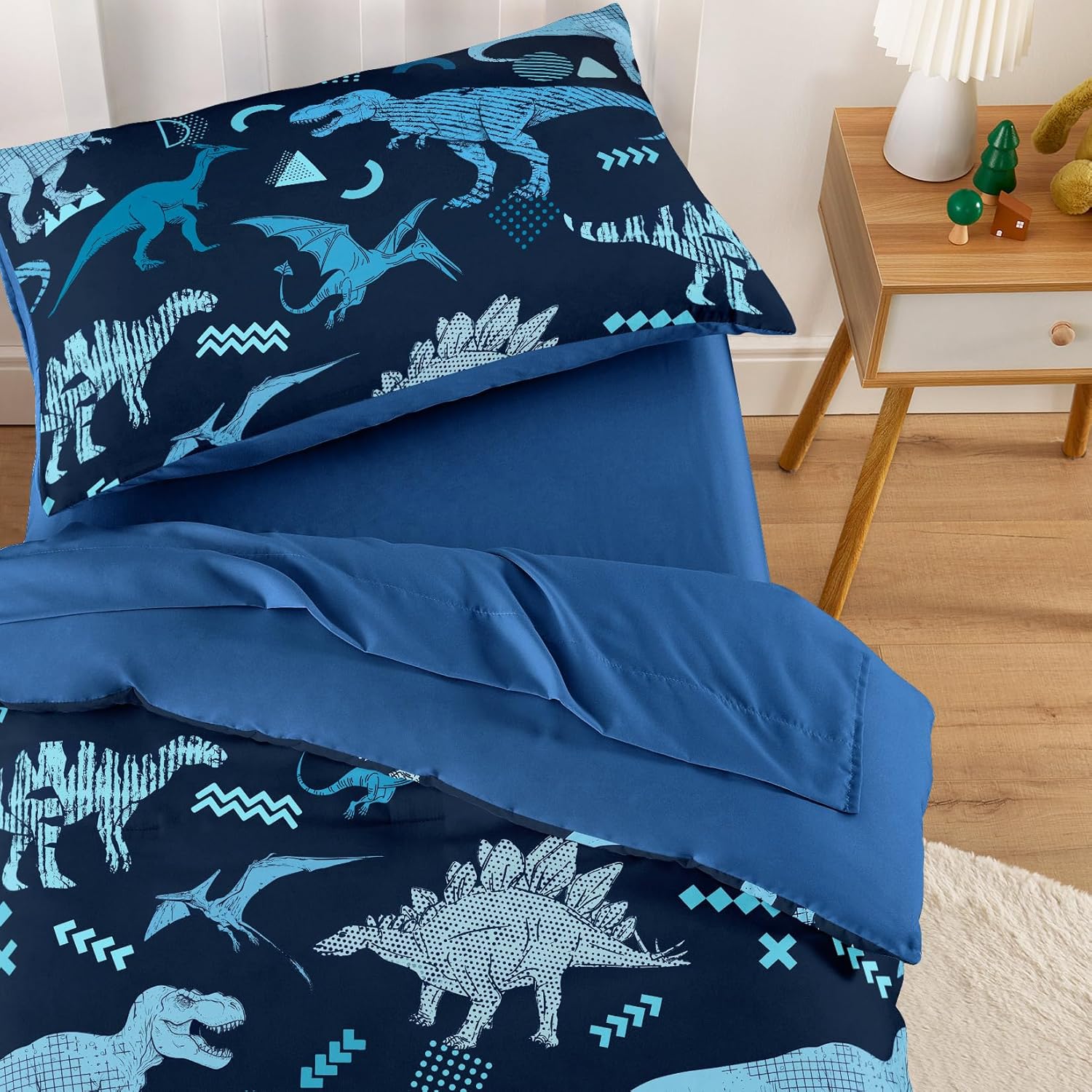 Wake In Cloud - Dinosaur Toddler Bedding Set for Boys, Jurassic Dino World Sketch, 4 Pieces Soft Crib Bed Set Including Comforter, Sheets and Pillowcase, Navy Blue