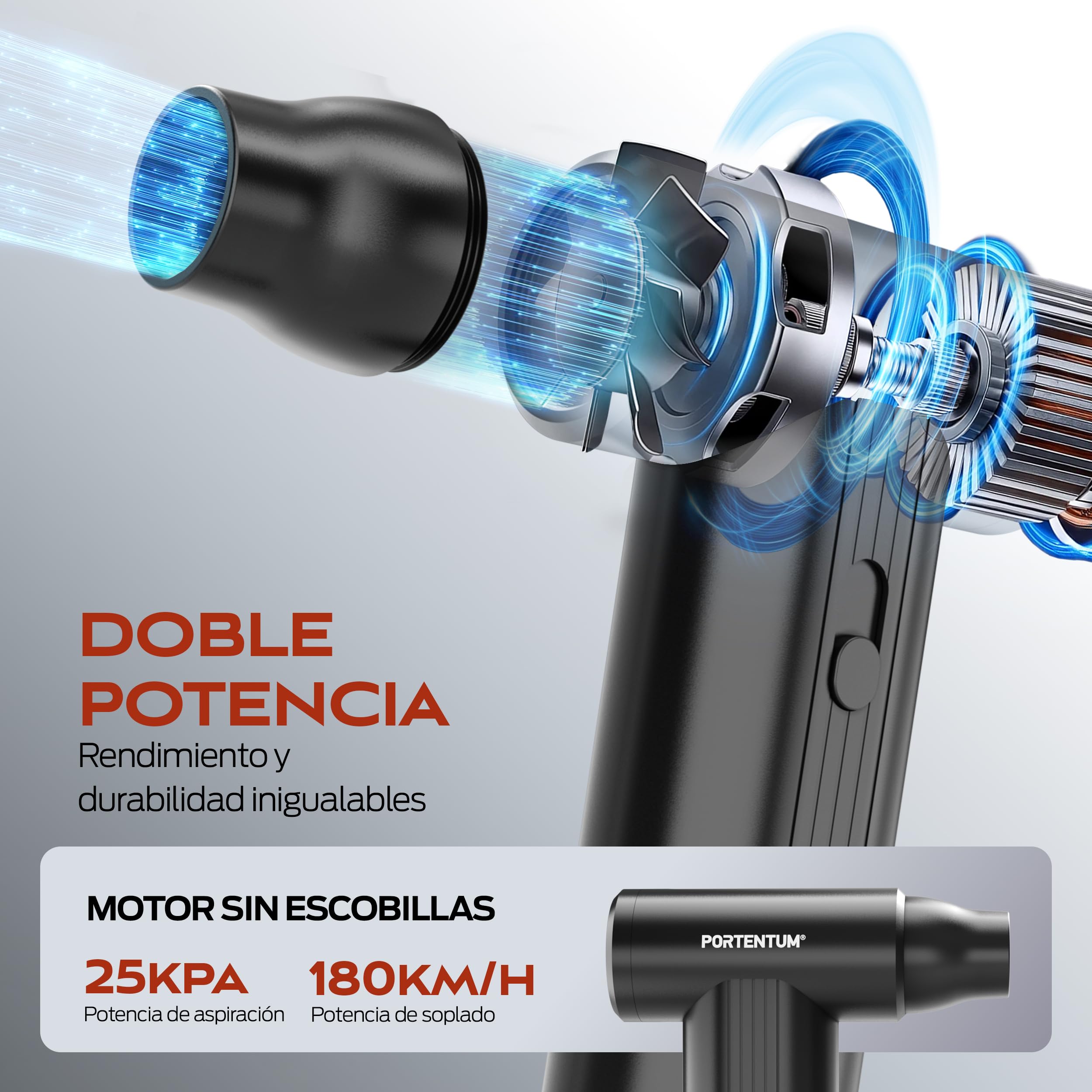 PORTENTUM 2 en 1 Mini Aspirador de Mano Potente 25 kPa – 10.000 mAh hasta 135 min USB-C – Soplador de Aire 180 km/h con Motor brushless – Aspirador Coche regulación Continua de Velocidad – Set de 11