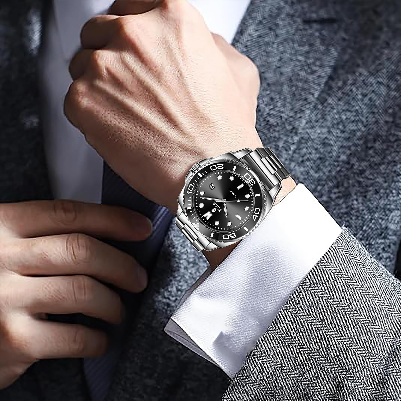 RUIGE Orologio meccanico completamente automatico da uomo, con calendario in acciaio inox, lunetta girevole, alla moda, alla moda, luce notturna, impermeabile, A8-2