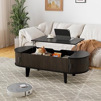 Oval Coffee Table with Storage, 47.2" Fluted Lift Top Coffee Table with 180 Sliding Tambour Door, Mid Century Modern Center Table for Living Room, Office, Cafe, Black