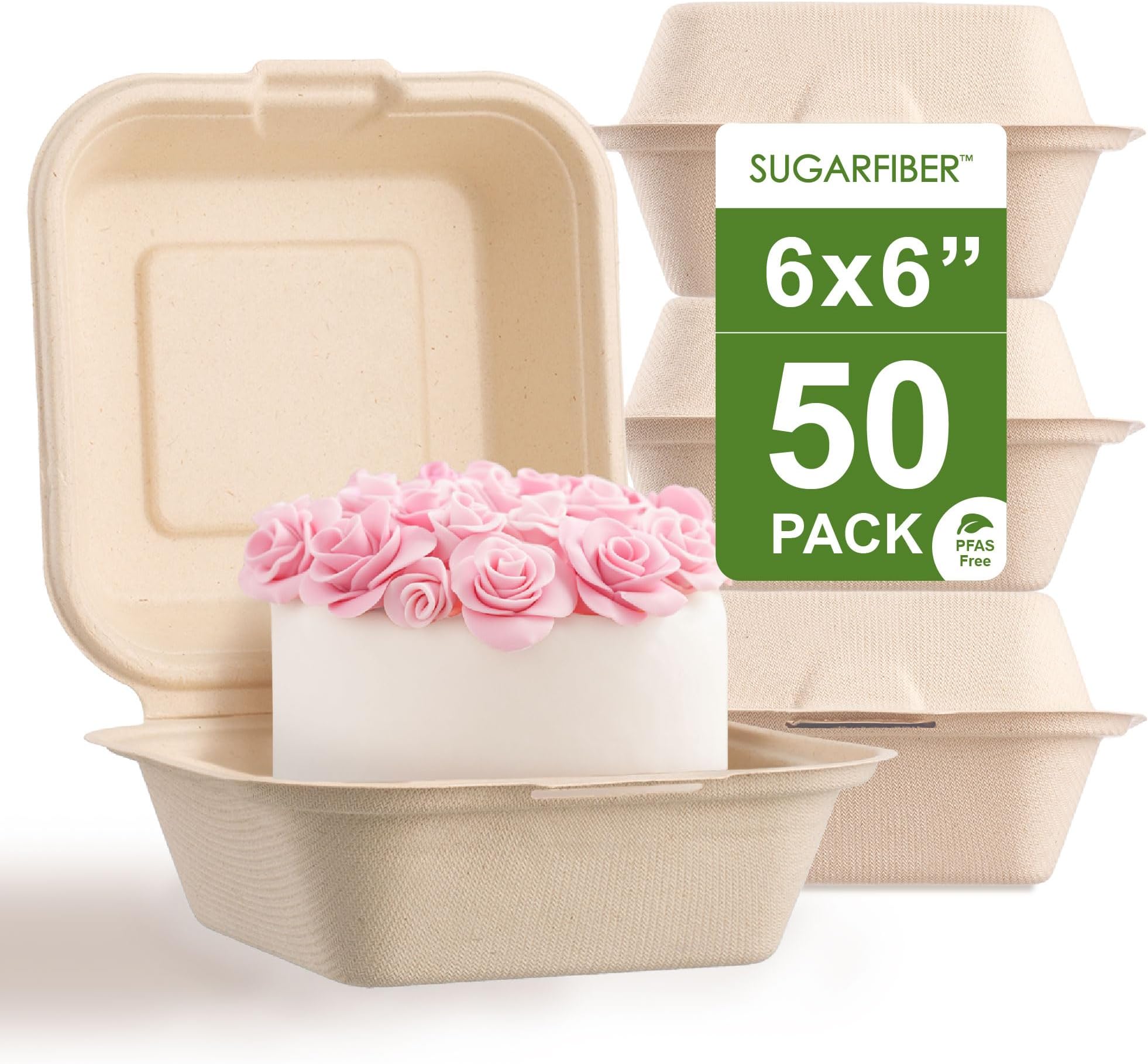 [50 COUNT]Harvest Pack PFAS FREE 6 X 6" Compostable Clamshell Take Out Food Containers, Single Compartment To go Container, Square Heavy-Duty Bagasse Bento Cake Box, from Eco-Friendly Sugarcane Fibers