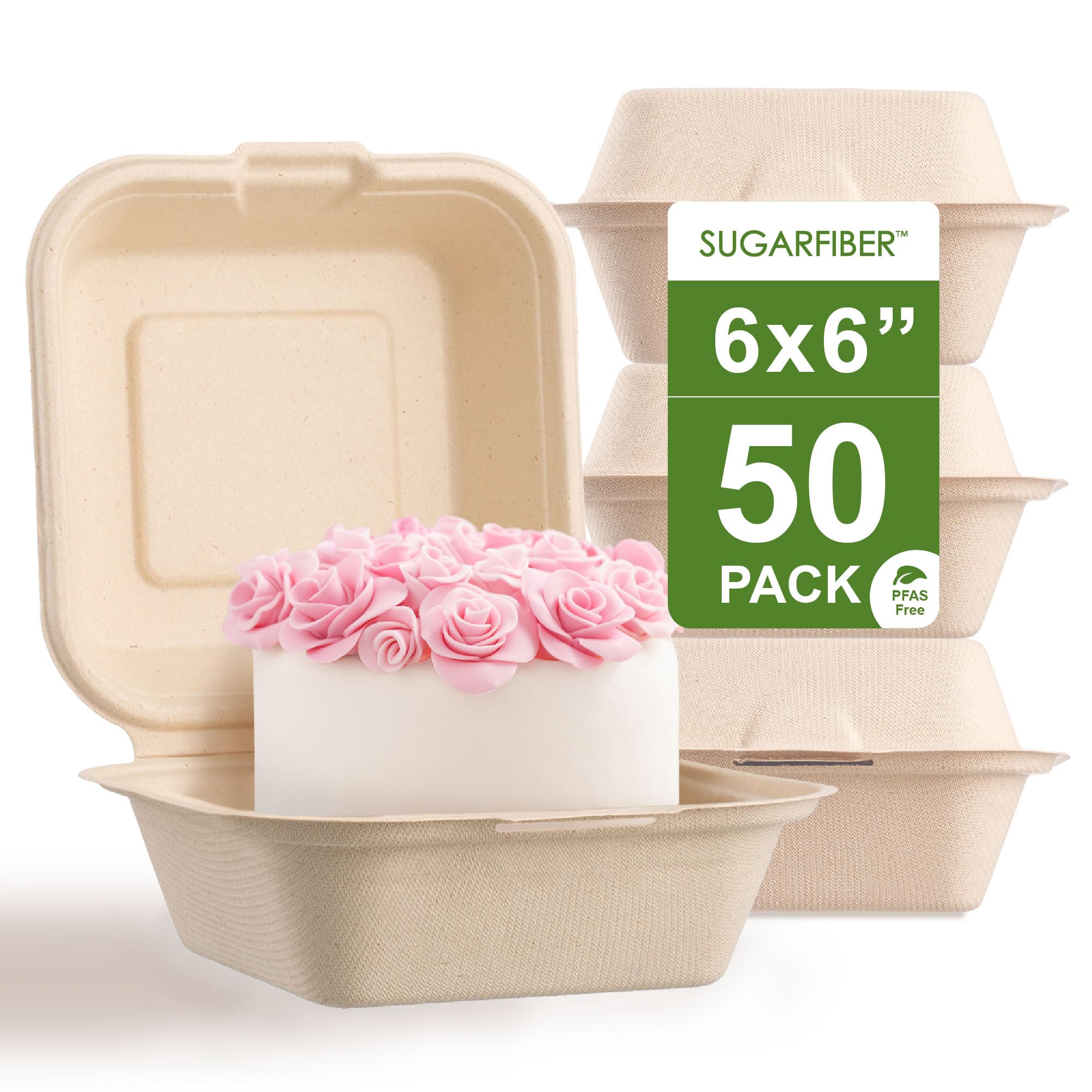 [50 COUNT]Harvest Pack PFAS FREE 6 X 6" Compostable Square Hinged, Single Compartment Clamshell Takeout Food Containers, Heavy-Duty Bagasse To go Container, Made from Eco-Friendly Sugarcane Fibers