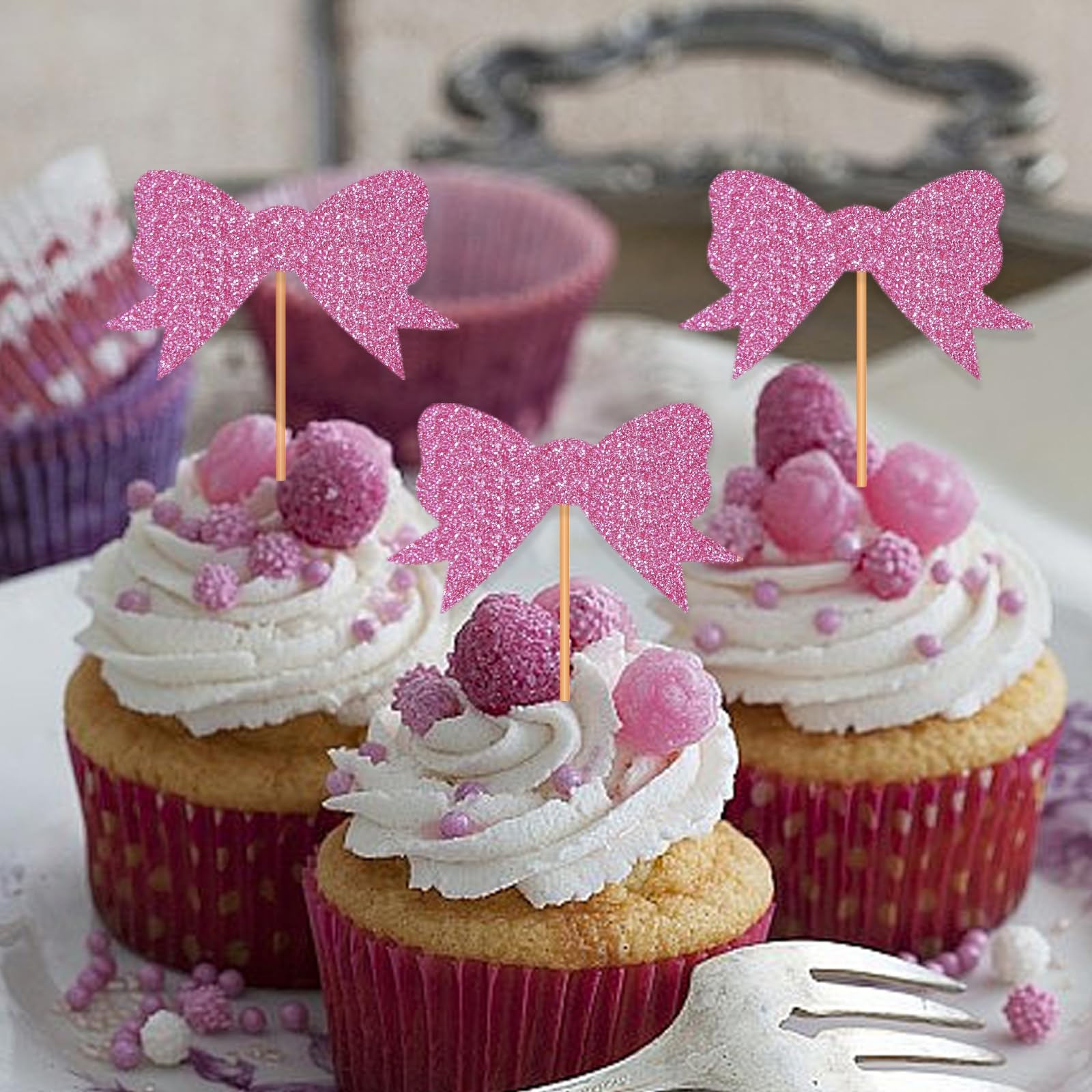 Blopee Pink Princess Cupcake Toppers - 12 Bowknot Decorations for Birthday, Bridal, Baby Shower Parties