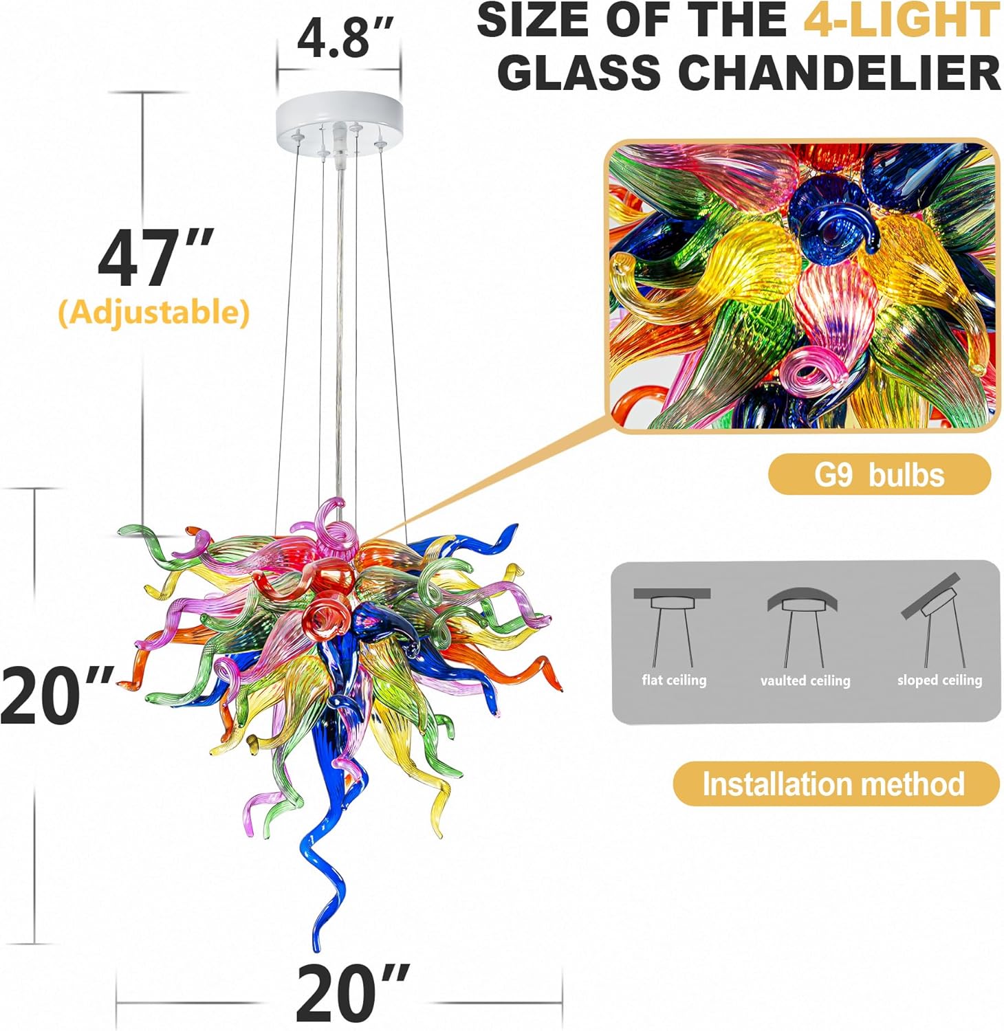 20 Inch Hand Blown Glass Chandeliers,Blown Glass Art Deco Chandelier,Beautiful Hanging Unique Colored Ocean LED Ceiling Light Fixture for Dining Room, Living Room, Hallway,Bedroom