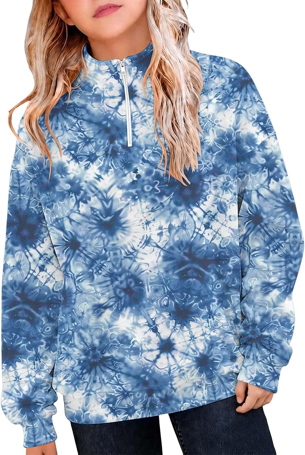 Kids Tie Dye Half Zip Pullover Fleece Hoodie Boho Athletic Sweatshirt Fall