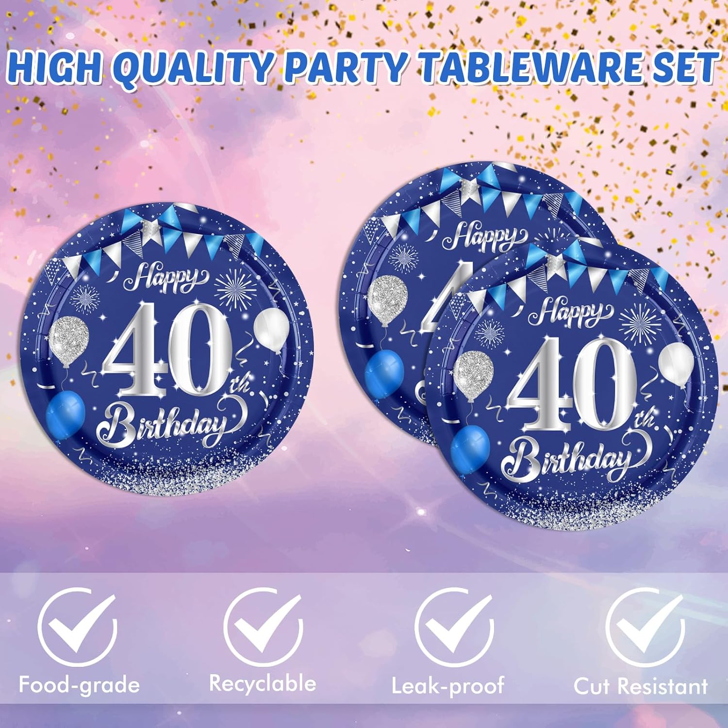 40PCS Happy 40th Birthday decorations Blue and Silver Cheers to 40 Years Plates Napkins Set for Men and Woman Forty Years Birthday Party Supplies - Image 3