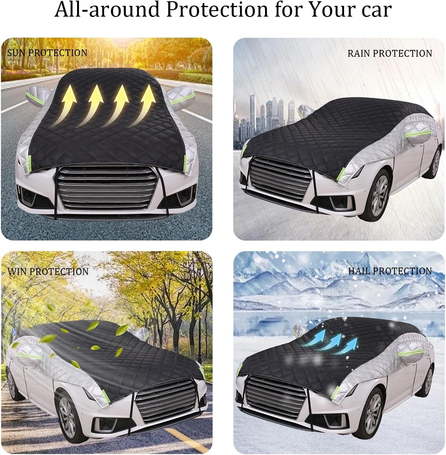 Hail Car Half Cover, for Chevrolet Cruze(2007-2016), Heavy Duty Half Car Cover Hail Blankets Waterproof Outdoor Rain Snow, Silver Black
