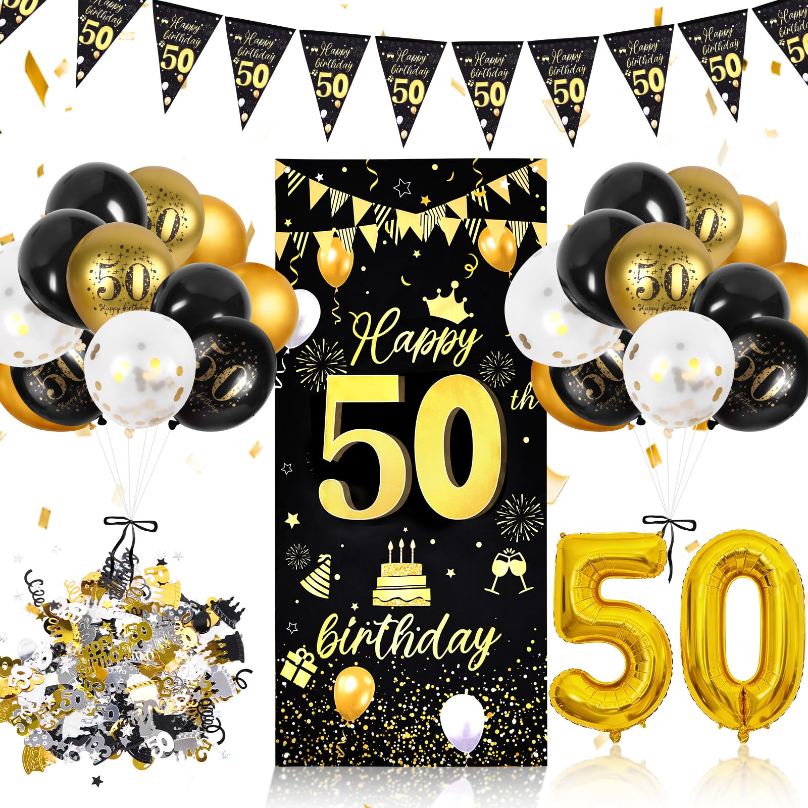 AUAUY 50th Birthday Decorations for Men Women, Complete Black Gold Birthday Party Supplies Decorations with Banner, Triangle Flag Banner, 50th Balloons, Latex Balloons and Confetti