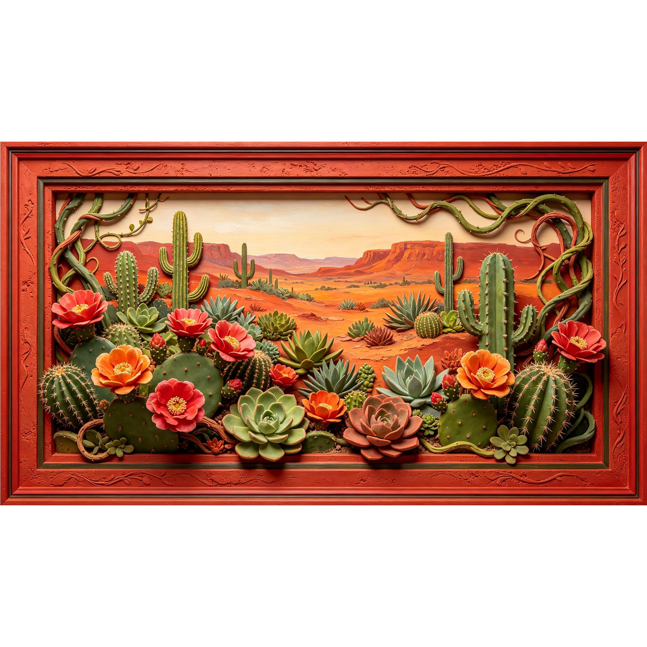 QZLITHOTIC 50×90cm3D Framed Wall Art， Desert Botanical Cactus Succulent Landscape Self?Adhesive Mural， Water?Activated Peel & Stick Fabric Decor Wall Decal for Bedroom Living Room