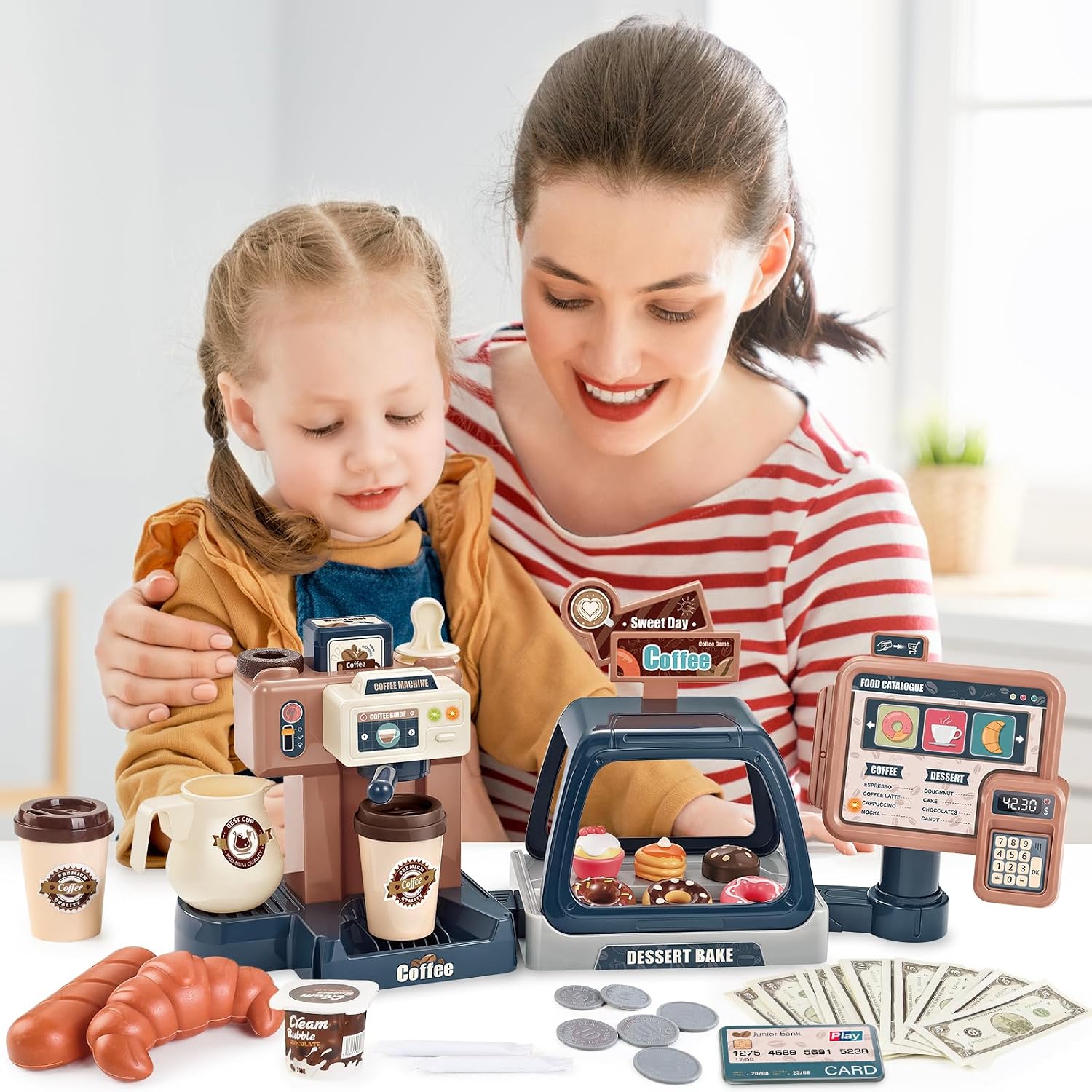 deAO Pretend Play Coffee Shop Set with Coffee Maker & Cash Register image 2
