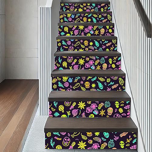 Miniatura 7 de Papel tapiz de calavera de neón para despegar y pegar, arte callejero de graffiti, mural de pared reactivo a la luz negra, adhesivo de pared para