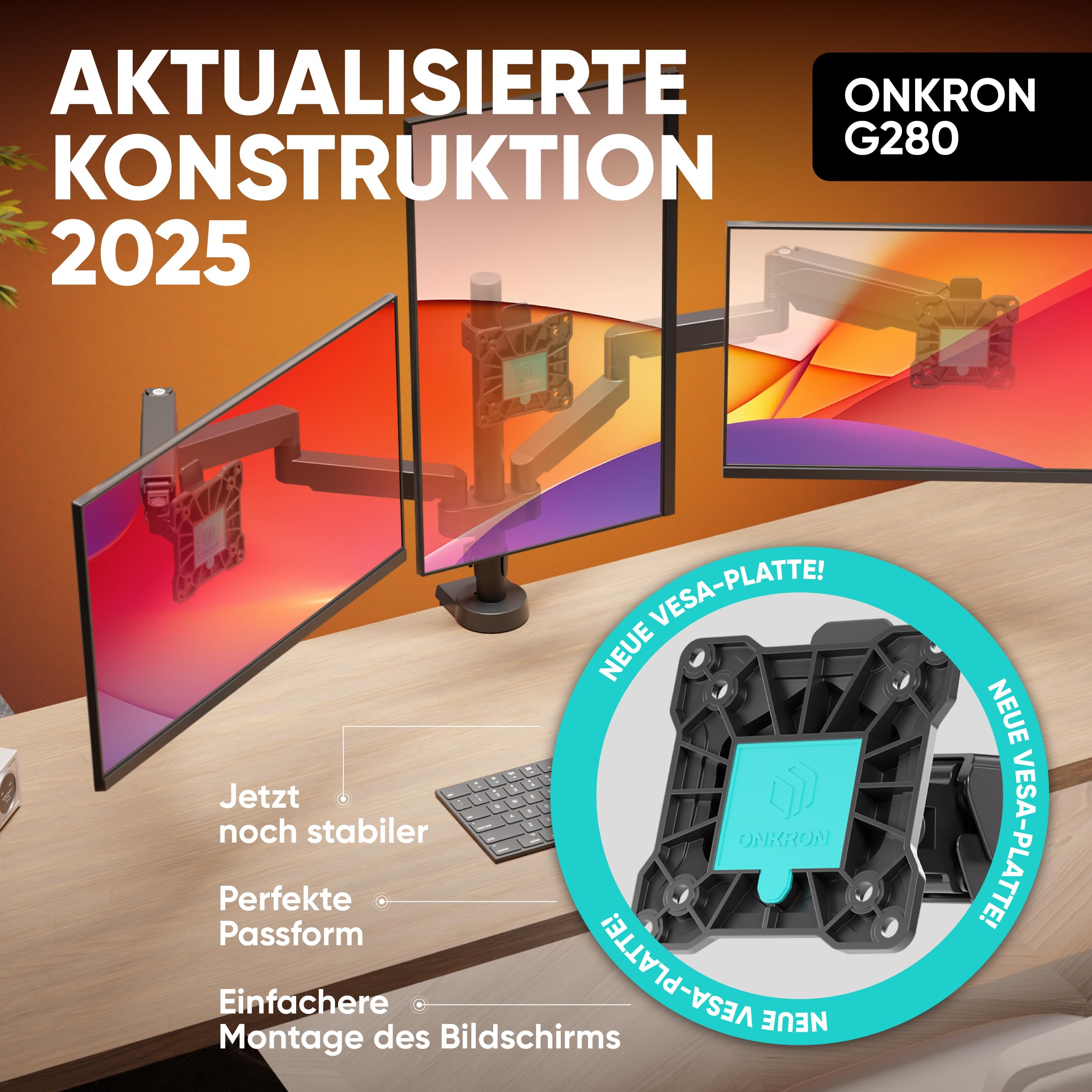 ONKRON Monitor Halterung 3 Monitore für 13-32 Zoll, bis 8 kg pro Arm, Monitorhalterung mit Gasdruckfeder, VESA 75x75-100x100, Triple Monitor Arm Stand drehbar, schwenkbar, neigbar Schwarz G280-B