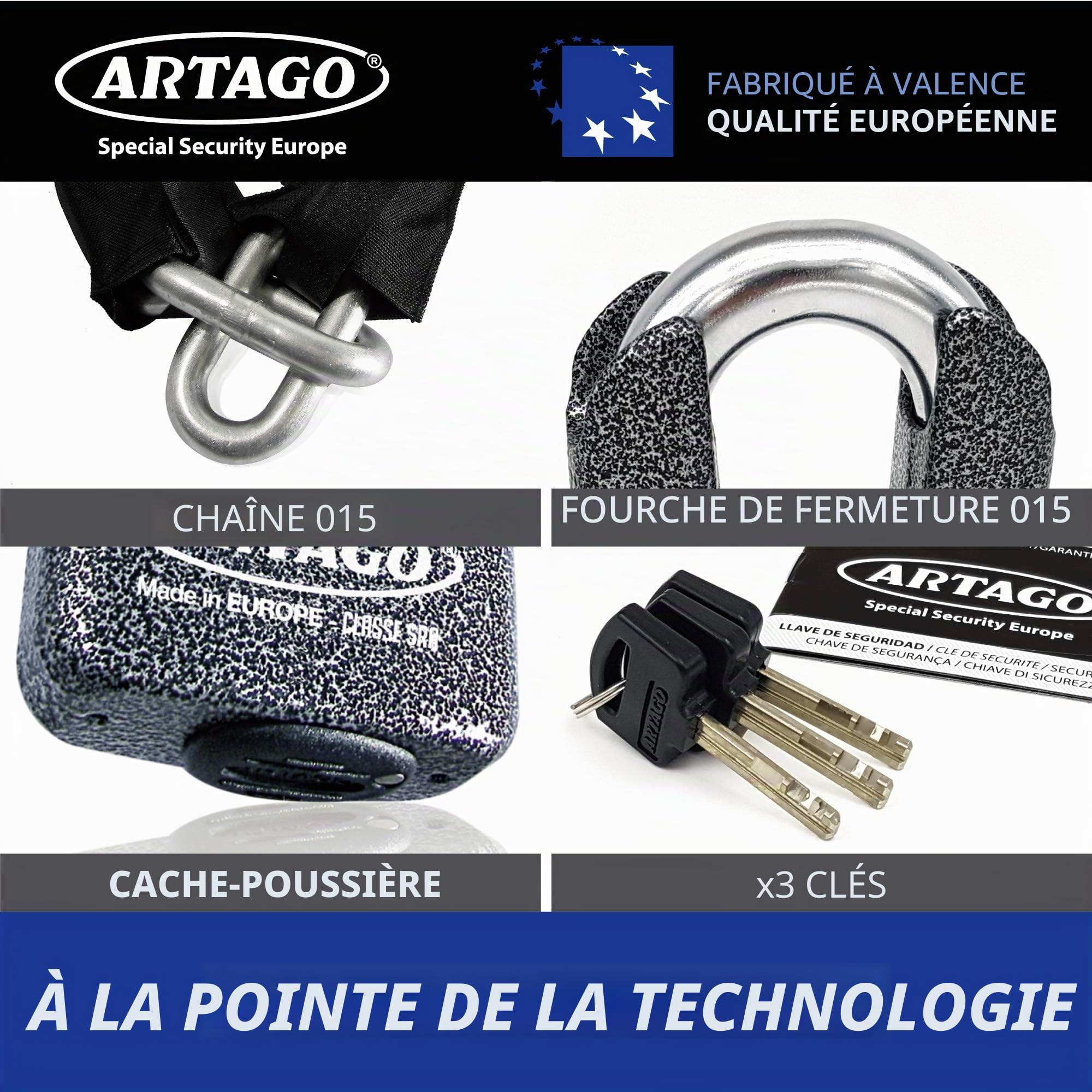 Artago 69T120 Chaine Antivol Moto Lourde + Mini U, Sécurité Maximale Homologué SRA, Sold Secure Gold, ø15mm 120cm, Cadenas Mini U en Acier Forgé MONOBLOK, Sécurité Maximale Testée, BUNKER SELECTION