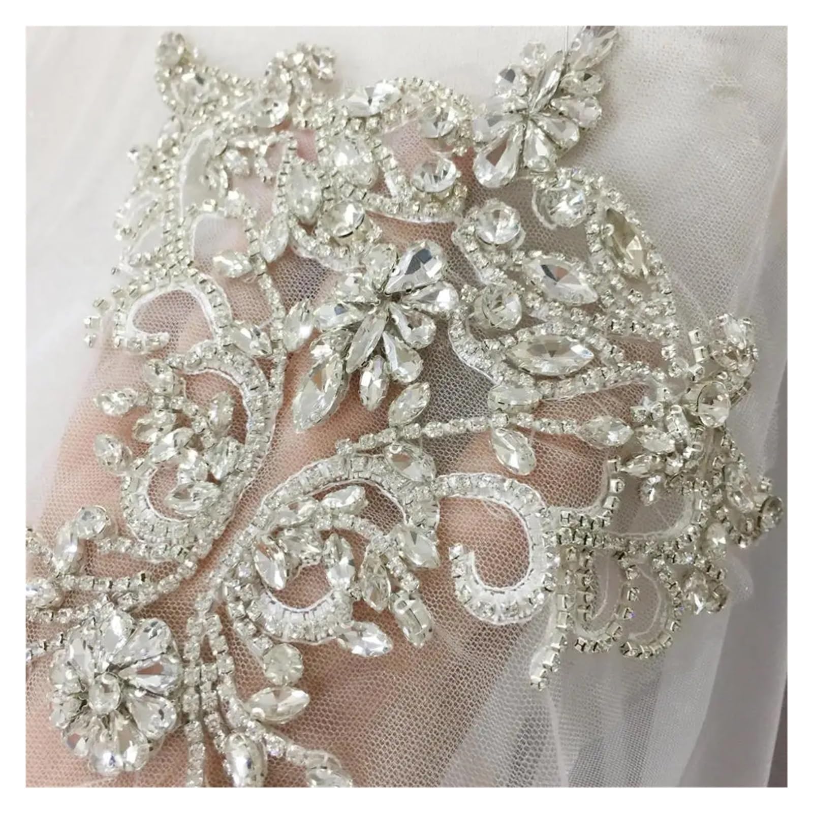 Rhinestone Crystal Appliques, Tulle Crystale Beading Lace Collar With Backing Wedding Dress Belt Bridal Cover Up 15x20(Silver)