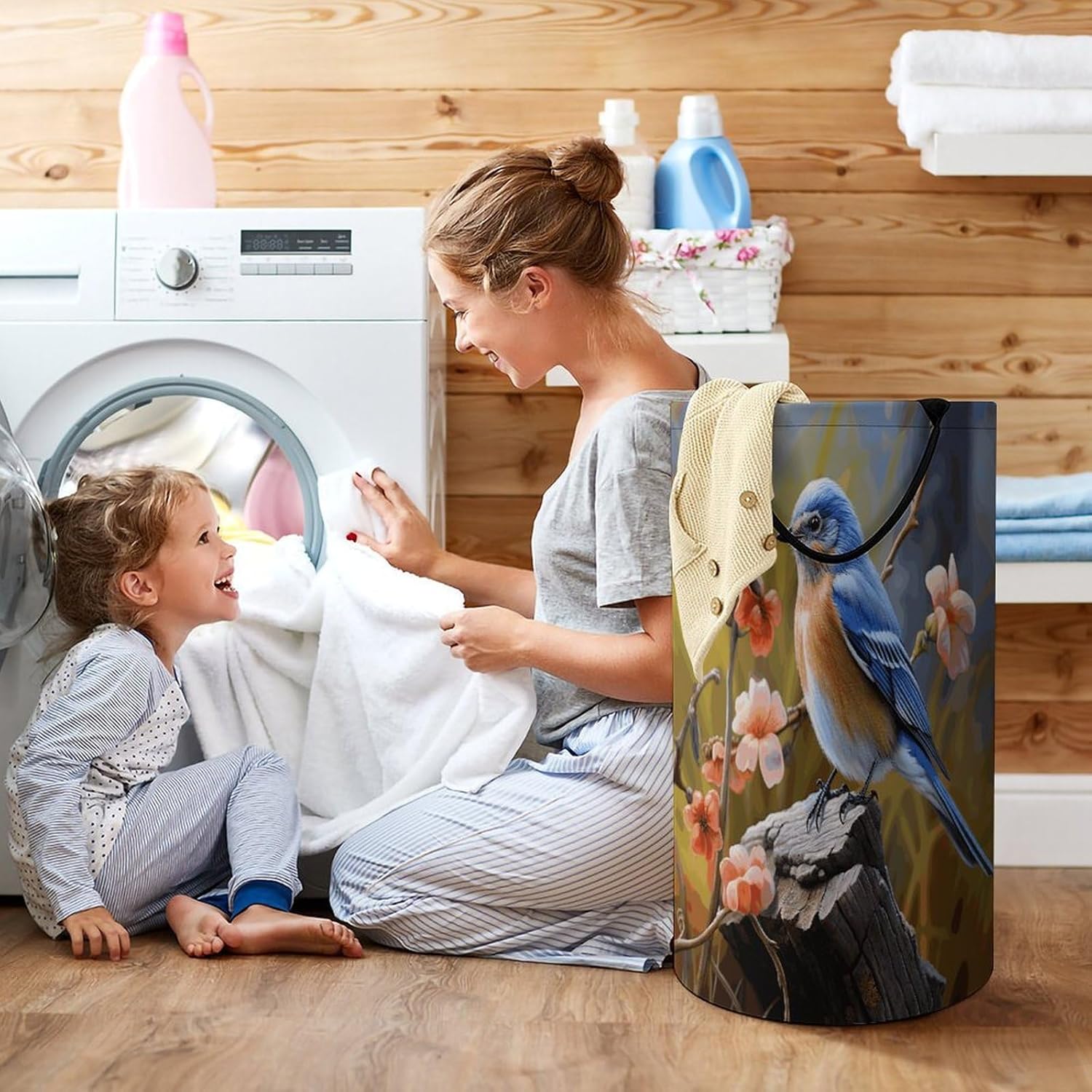 Eastern Bluebird Laundry Hamper Fashion Dirty Laundry Hamper Portable Laundry Hampers with Handles Lightweight Large Clothes Storage Basket for Bedroom Bathroom