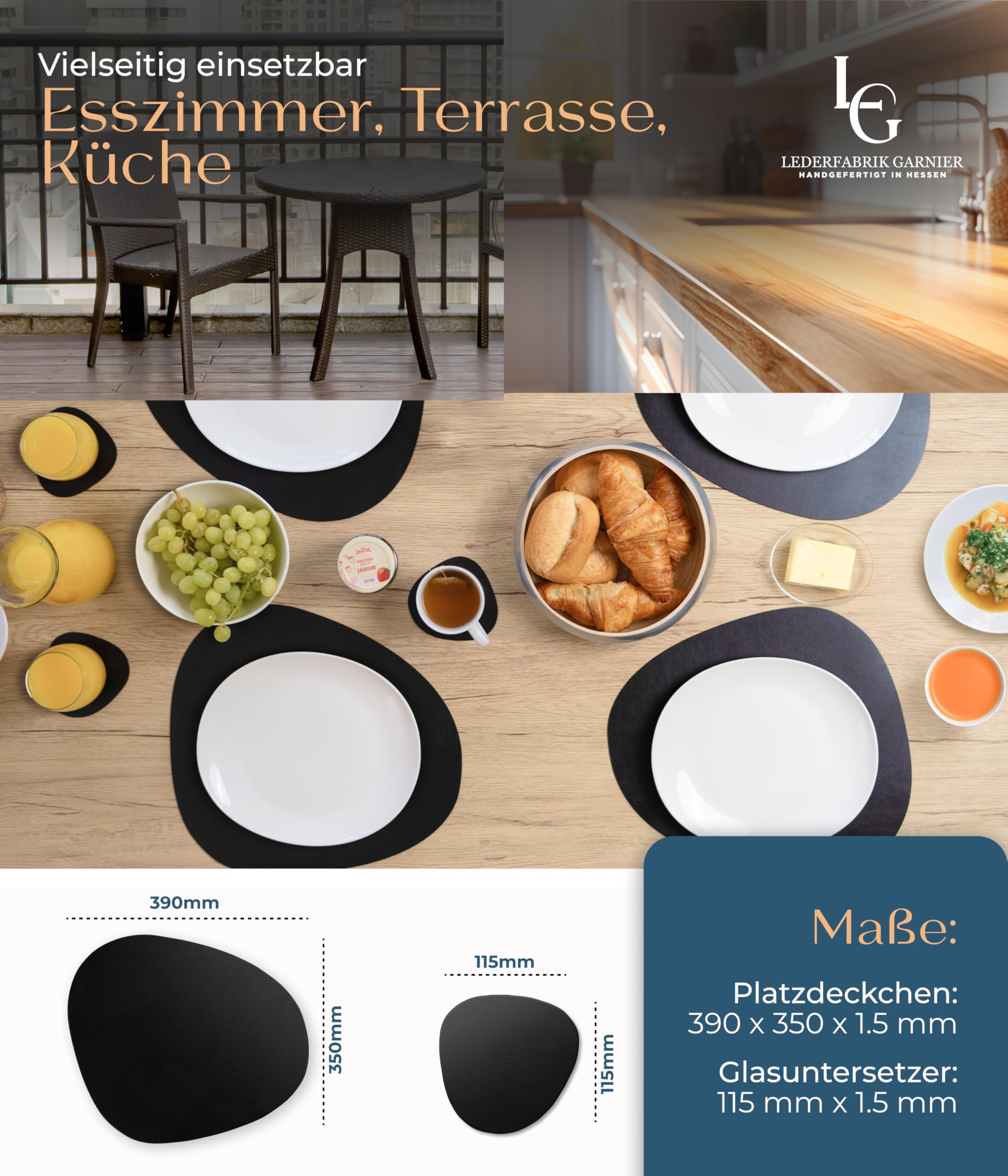 Set Di 4 Tovagliette Americane Lavabili In Pelle Riciclata, Antiscivolo E Sostenibili, Made In Germany, Colore Beige - 6