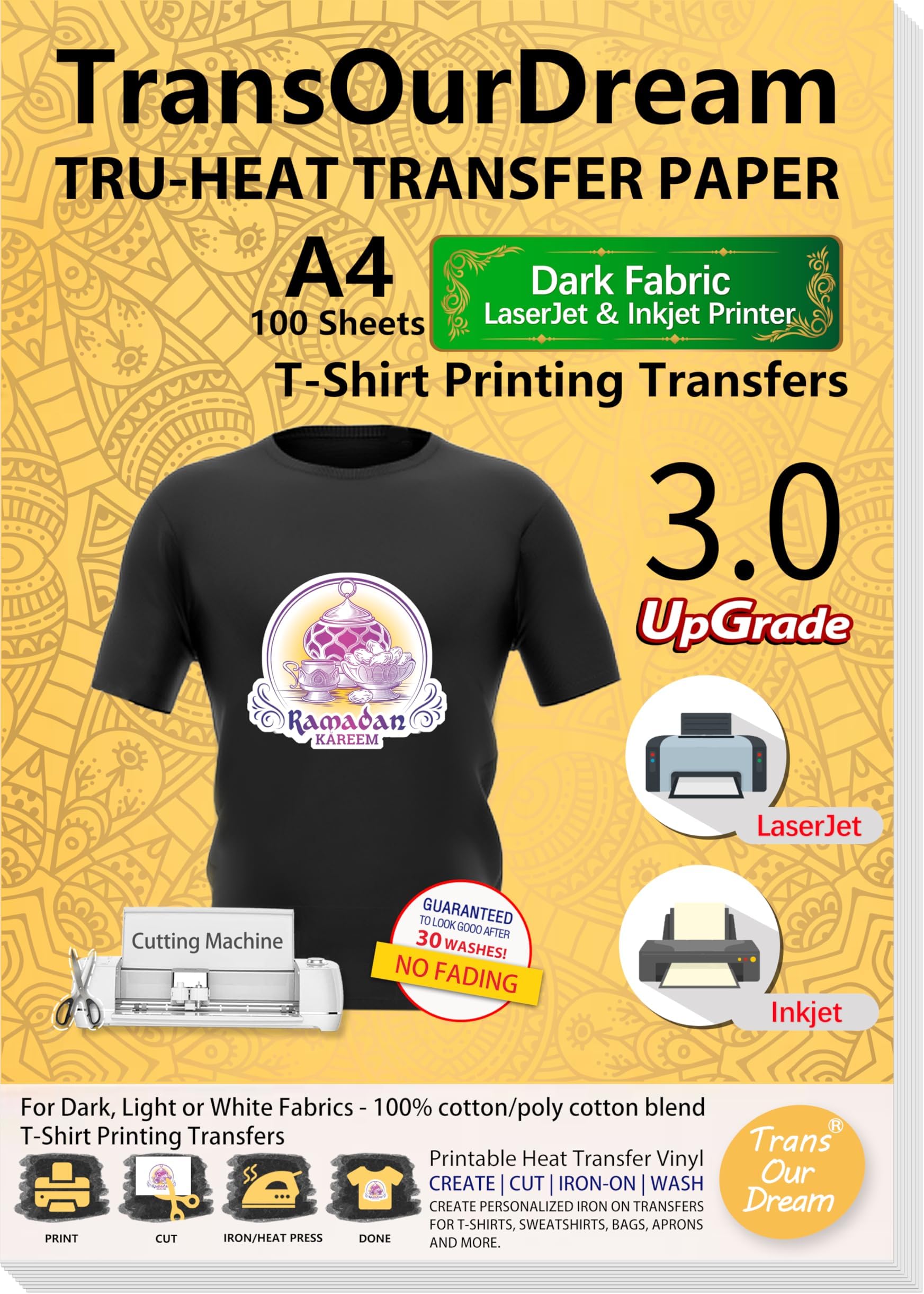 Tru-Iron on Transfer Paper for Shirts (10 Sheets, A4, 3.0) Heat Transfers Paper for Dark Fabric Printable Heat Transfer Vinyl for Inkjet Printer(ARAB-D3-10)
