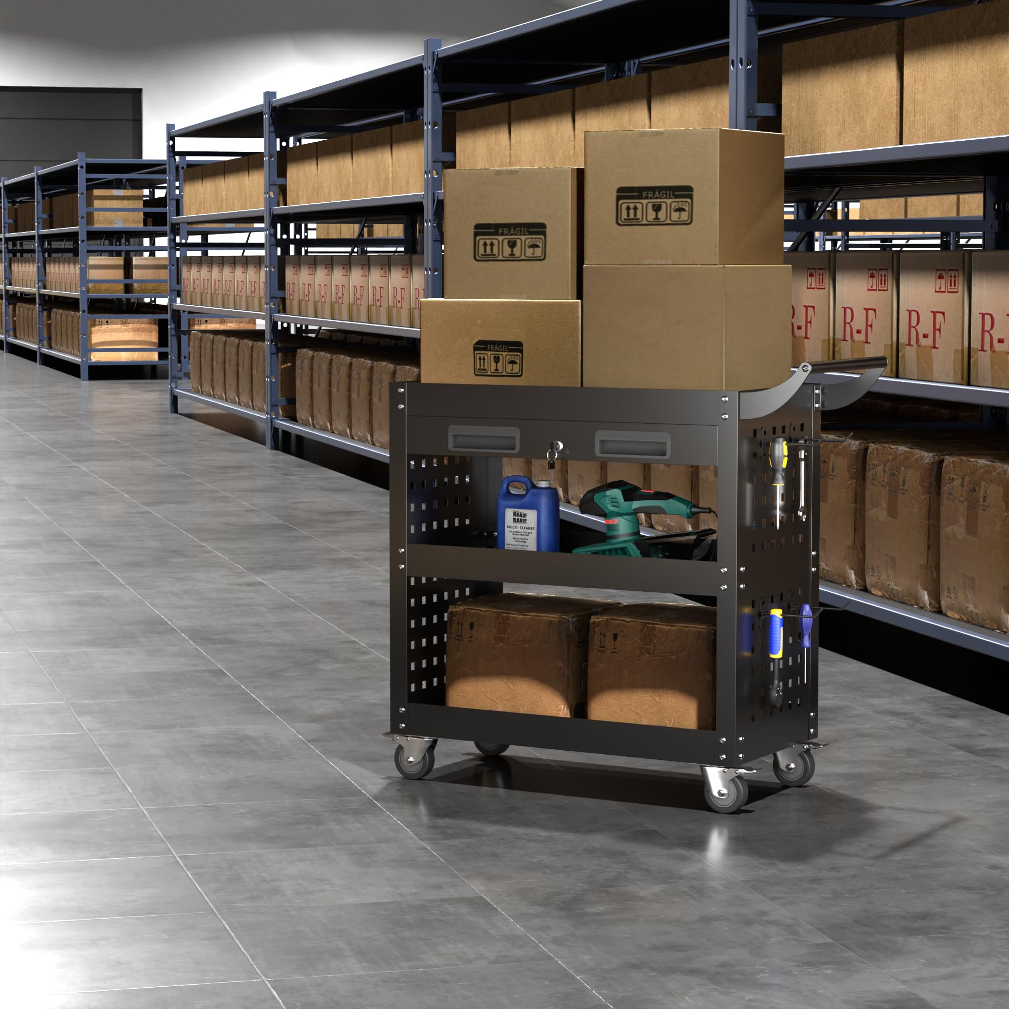 SUPEER Carrello da officina, carrello portautensili con ruote 78x35x70 cm, con cassetto con chiusura a chiave e Pegboard, 4 ganci, per officine, capacità di carico 150 kg