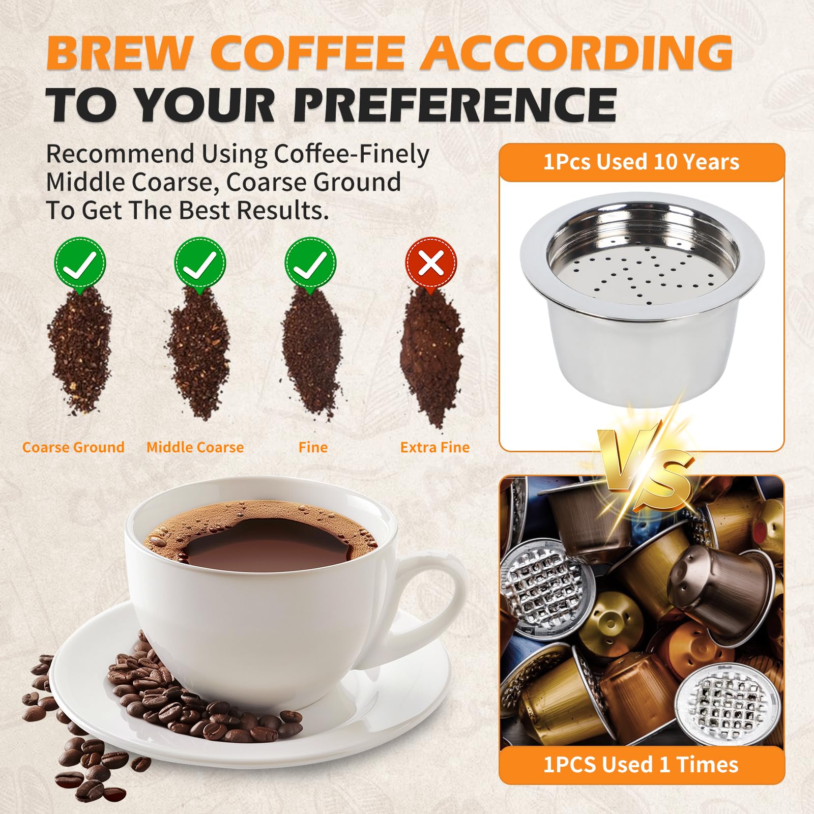 Capsules à expresso réutilisables en acier inoxydable avec cuillère à brosse