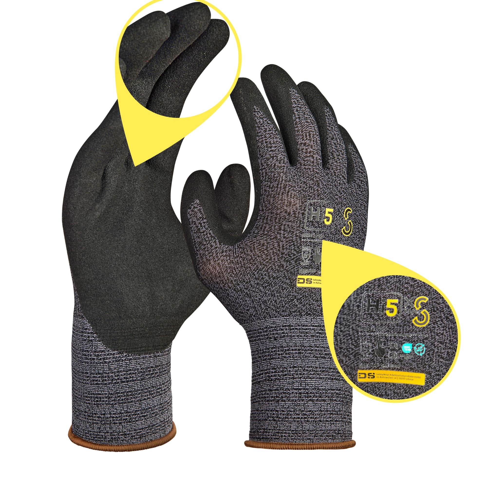 Hi5 X-Super S Arbeitshandschuhe 4131X – 15G Nylon/Spandex – sandig-raue Nitrilbeschichtung – vollbeschichteter Daumen – EN 388 – schwarz (L, 120, stück)