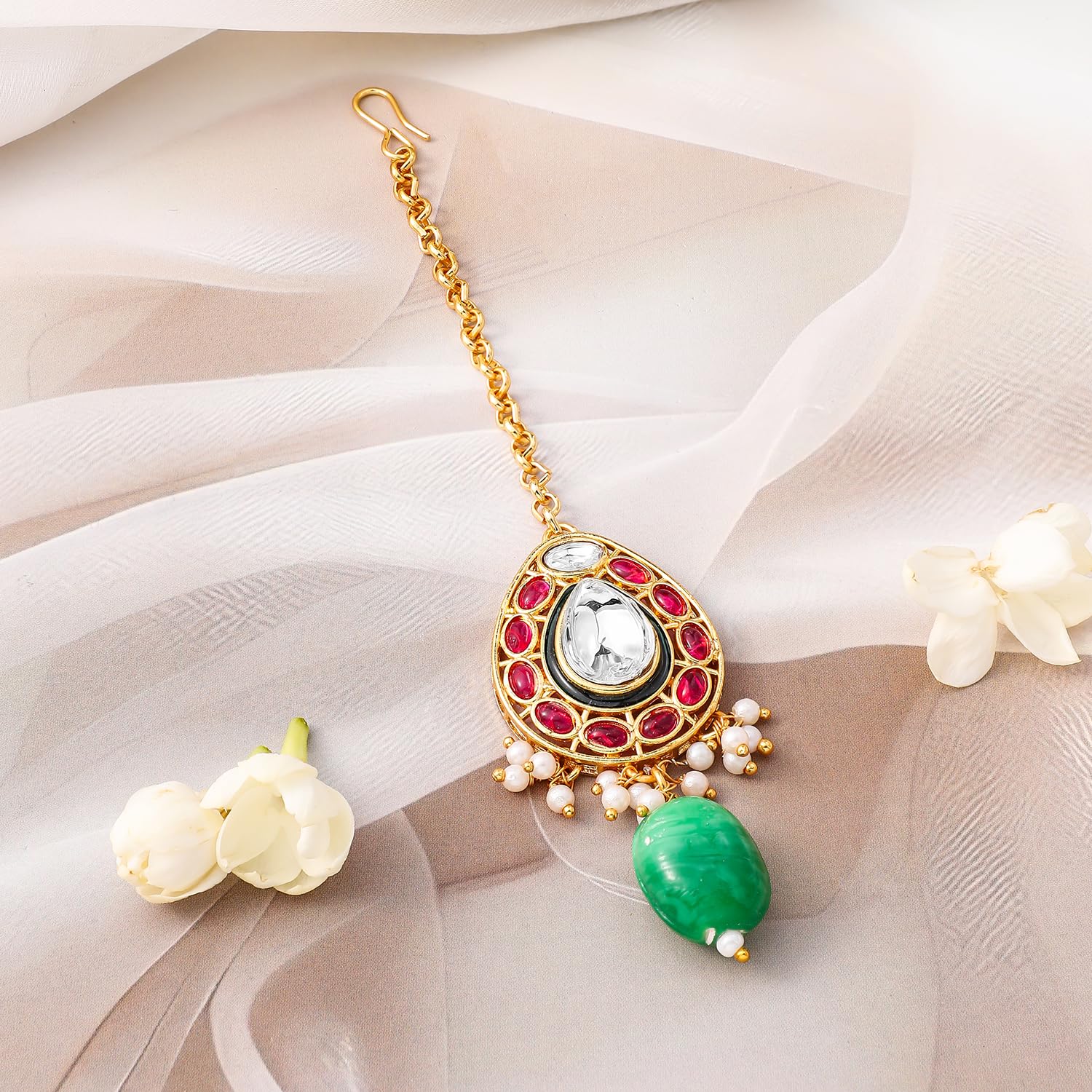 Rubans Kundan placcato oro & rubino, pietra verde tempestata e perline collana da sposa set